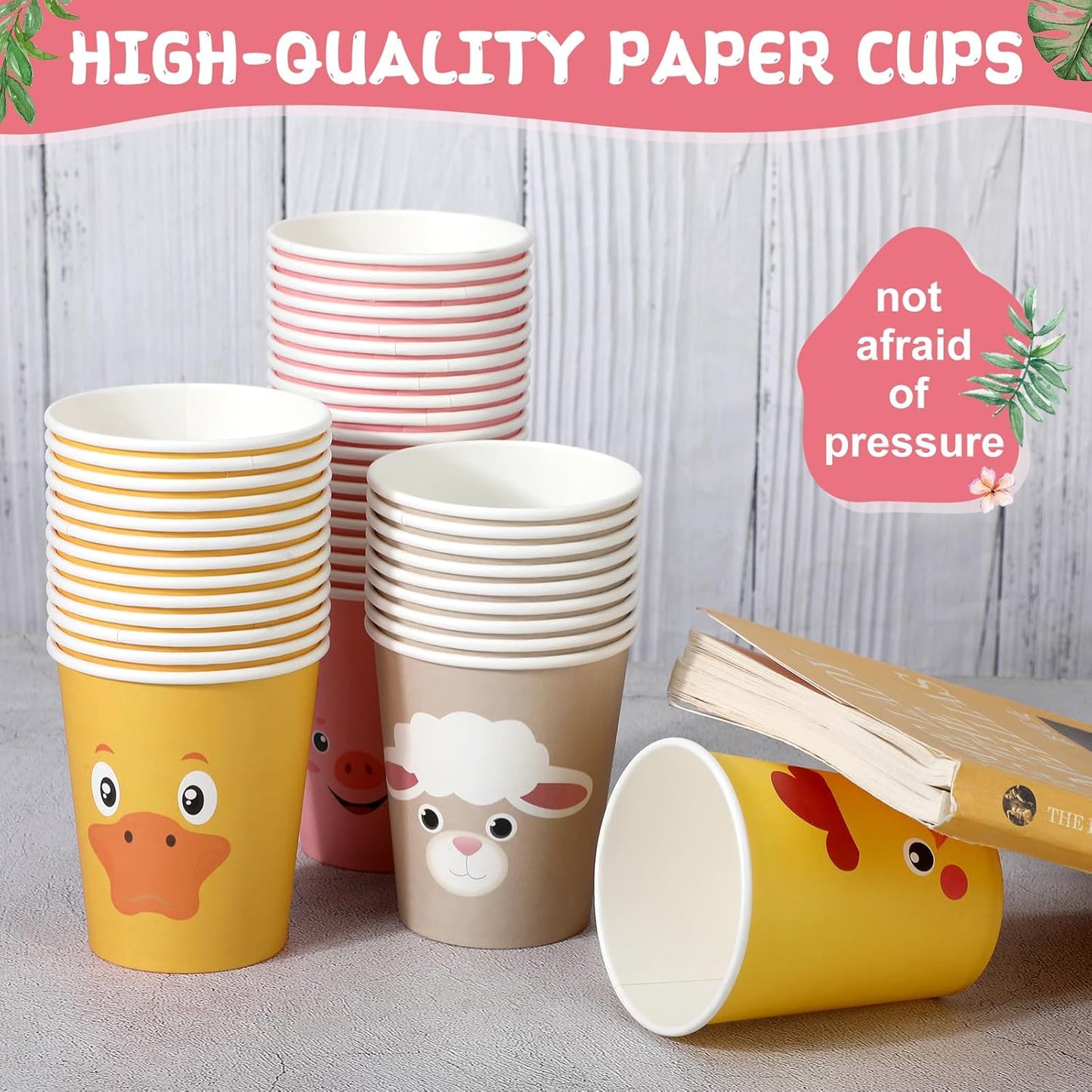 Maxcheck 120 Count Farm Animal Birthday Decoration Cups 9 oz Disposable Paper Cups Cute Drink Pig Sheep Chicken Duck Horse Cow Farm Theme Birthday Party Supplies