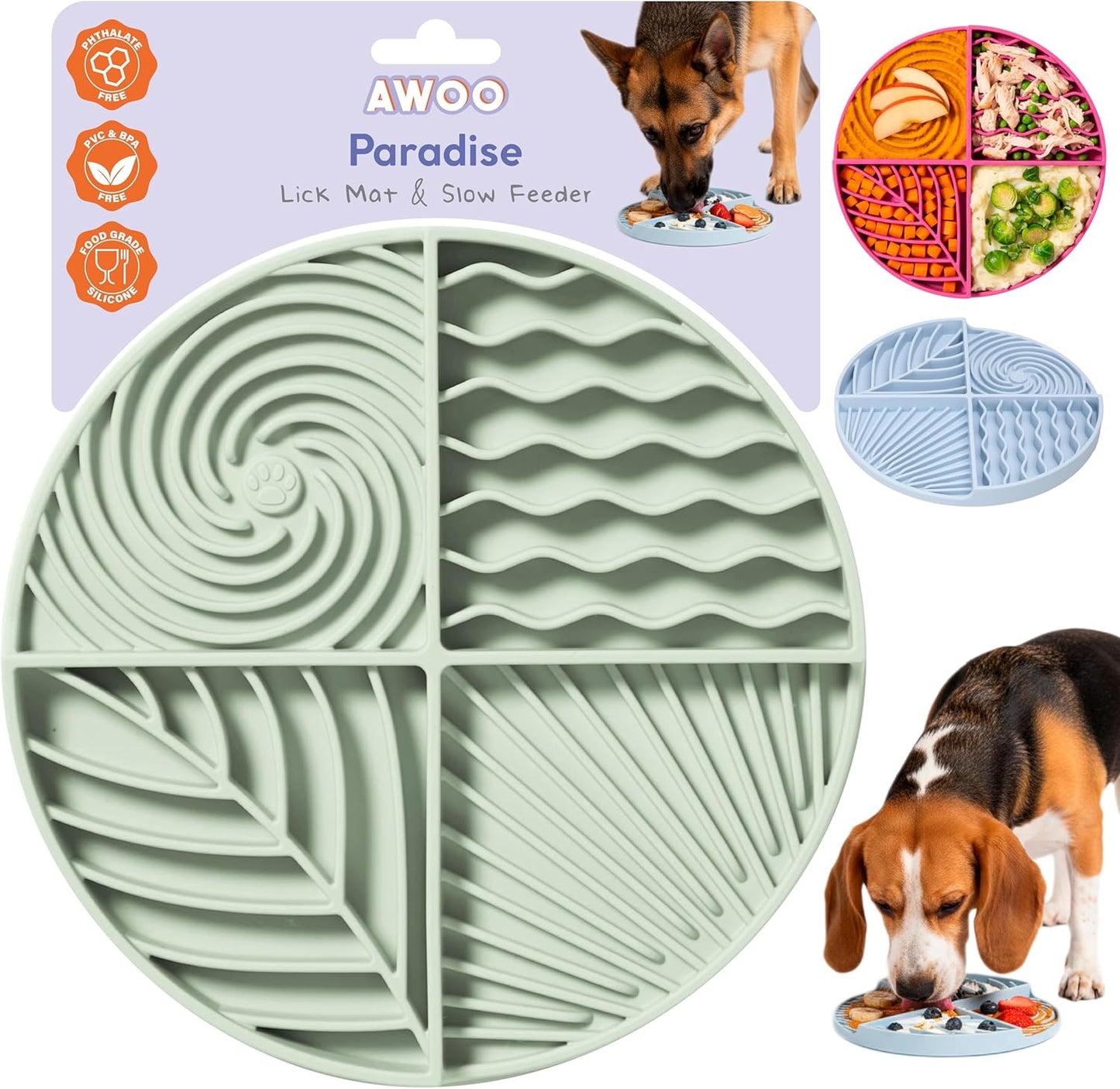 Awoo Paradise Silicone Dog & Cat Lick Mat & Slow Feeder with Suction Cups, Non-Slip, Dishwasher Safe, Extend Mealtime, Reduce Anxiety (Sage)