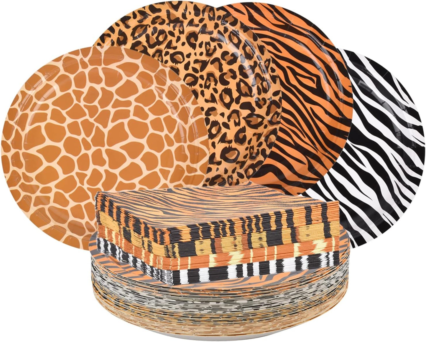 Jungle Zoo Animal Print Party Supplies, Disposable Jungle Safari Animal Print Paper Plates and Napkins for Birthday Party, Baby Shower and Jungle Safari Themed Party, Serve 48