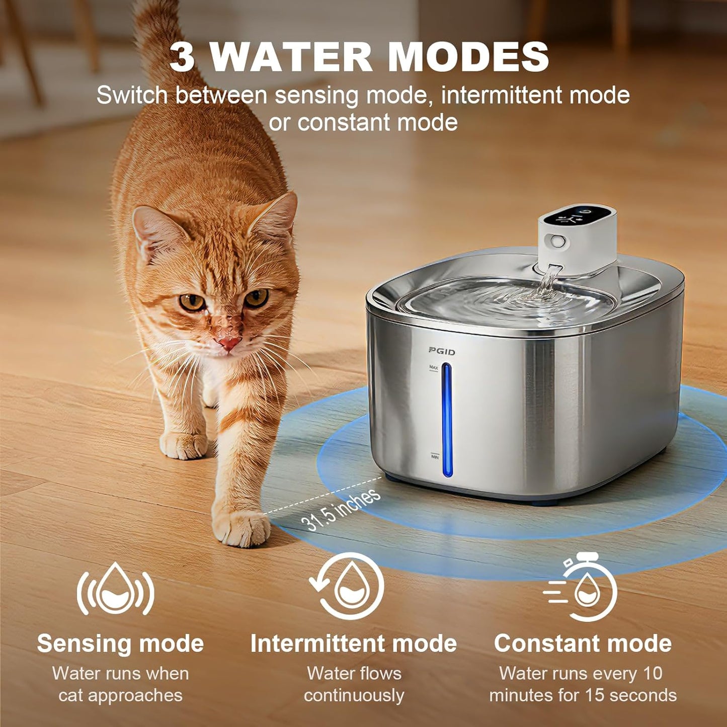 Wireless Cat Water Fountain Stainless Steel,4.5L Cordless Pet Fountains for Dringking,5000mah Battery Operated Cat Water Pountain,Automatic Dog Dispenser w Pet Hair Remover Gloves