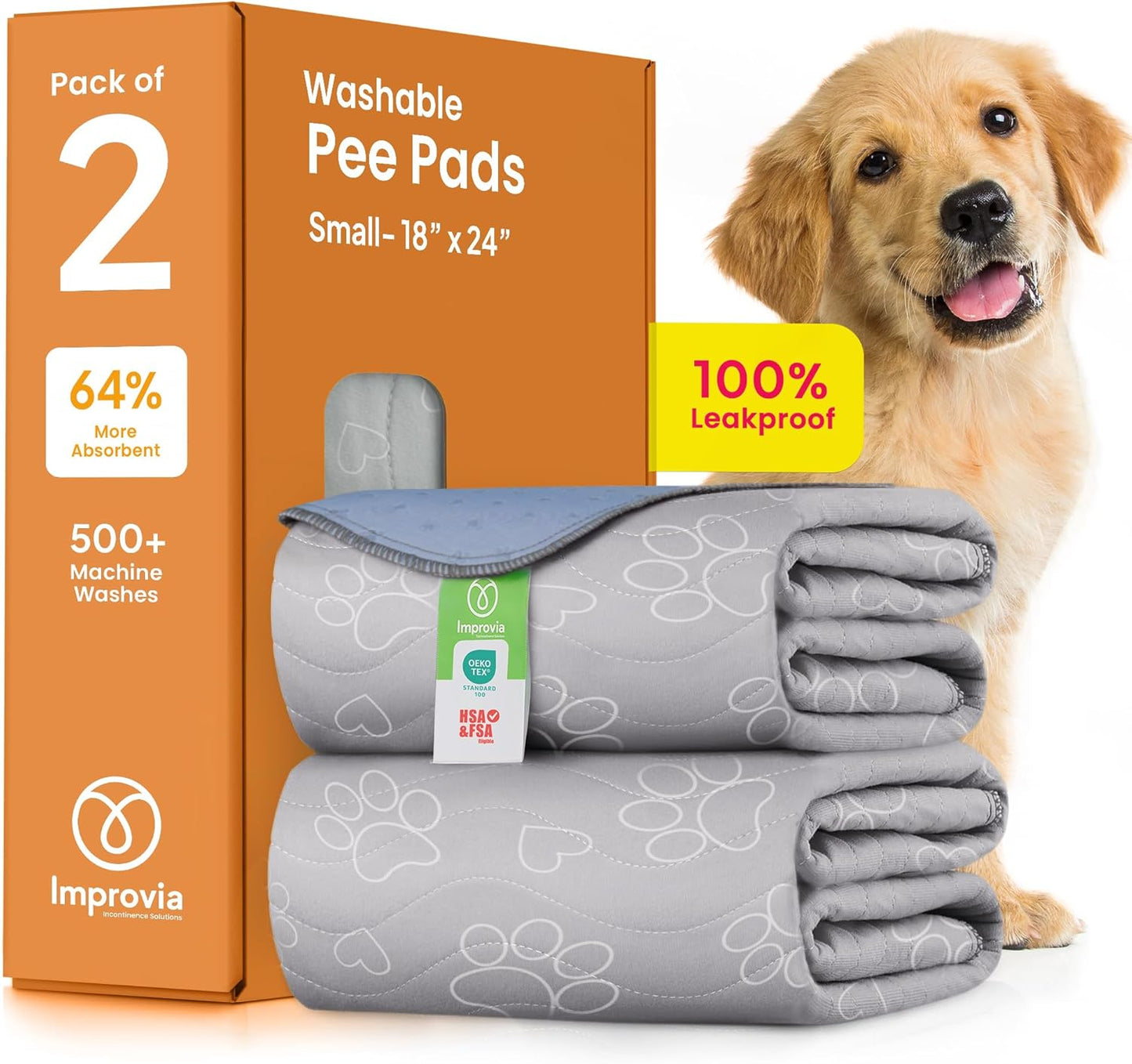 IMPROVIA® Reusable Puppy Pad – Waterproof, Extra-Absorbent, Washable Pee Pad for Dog Training, Whelping, & More – Protect Your Floors & Pet with Quick-Drying Potty Pad (Paws & Hearts, Small 18"x24")