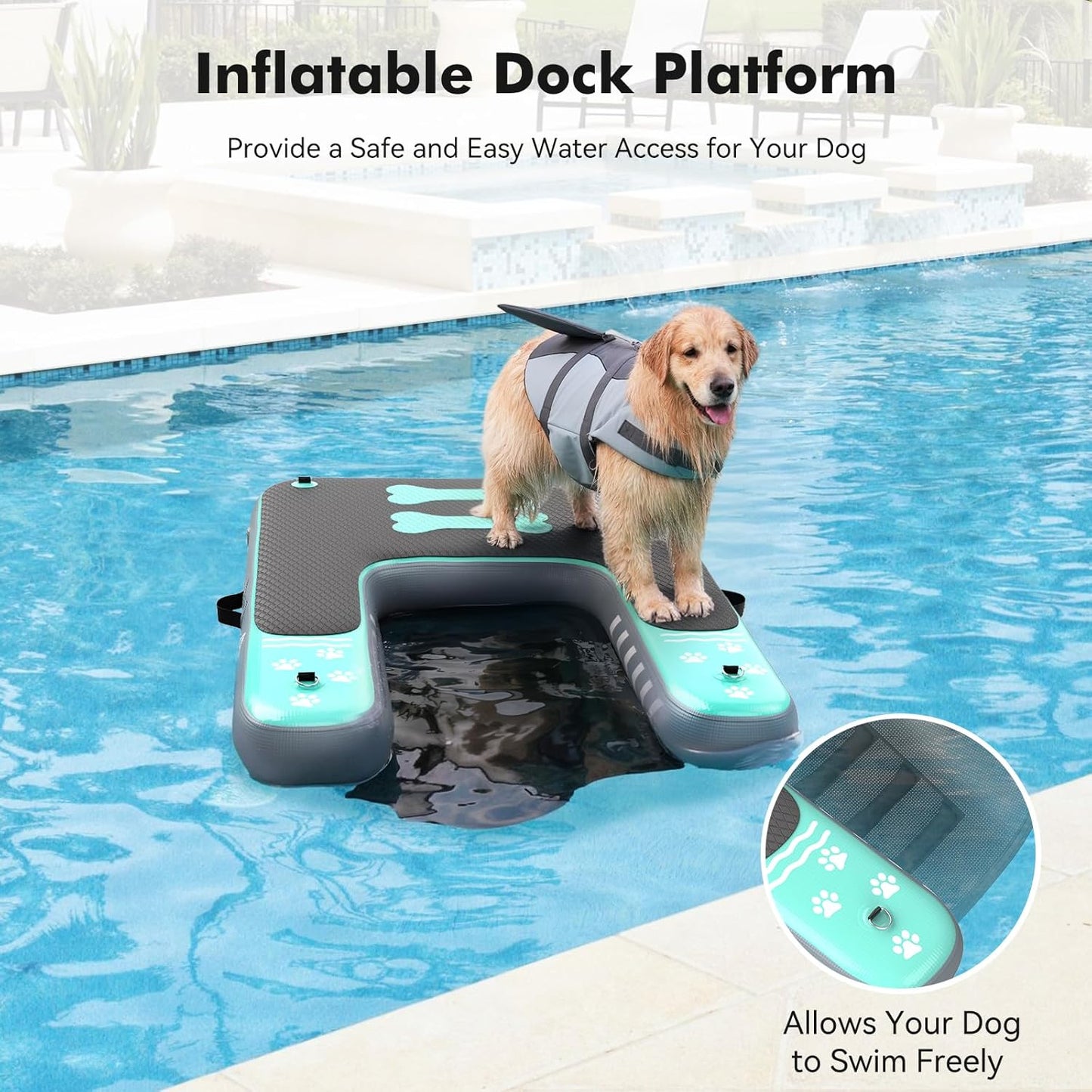 Inflatable Dog Boat Ramp for Dogs Up to 240 lbs, Inflatable Dock Floating Platform with Anti-Slip EVA Foam Safe & Easy Water Access, Dog Ramp for Boat, Pools, Lakes, Boats, Docks, Green