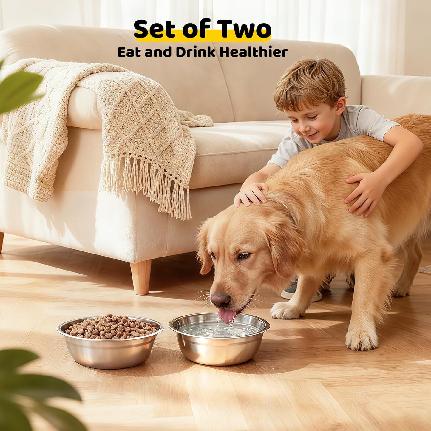 URPOWER 2 Pack 8" Stainless Steel Dog Bowls - 50oz Thickened Durable Pet Bowls for Food and Water, Fit for Elevated Dog Bowl Stand