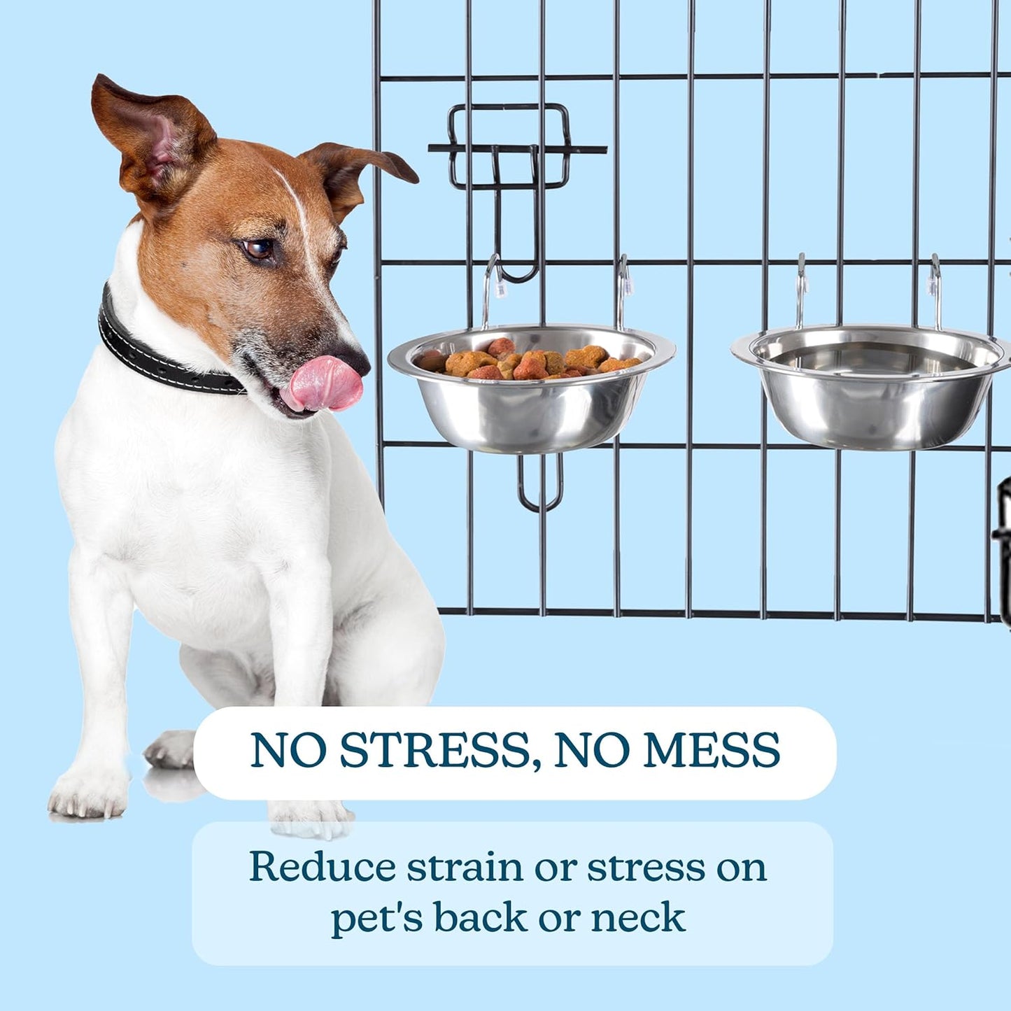 Set of 2 Stainless-Steel Dog Bowls - Cage, Kennel, and Crate Hanging Pet Bowls for Food and Water - 20oz Each and Dishwasher Safe by PETMAKER,Silver