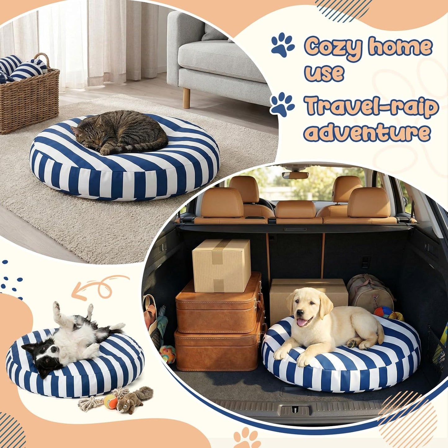 42 Inch Large Waterproof Outdoor Dog Bed, Washable Round Pet Bed for Medium Large Dogs, Blue and White Vertical Striped, UV Resistant Durable Pet Cushion for Indoor Outdoor Travel Use