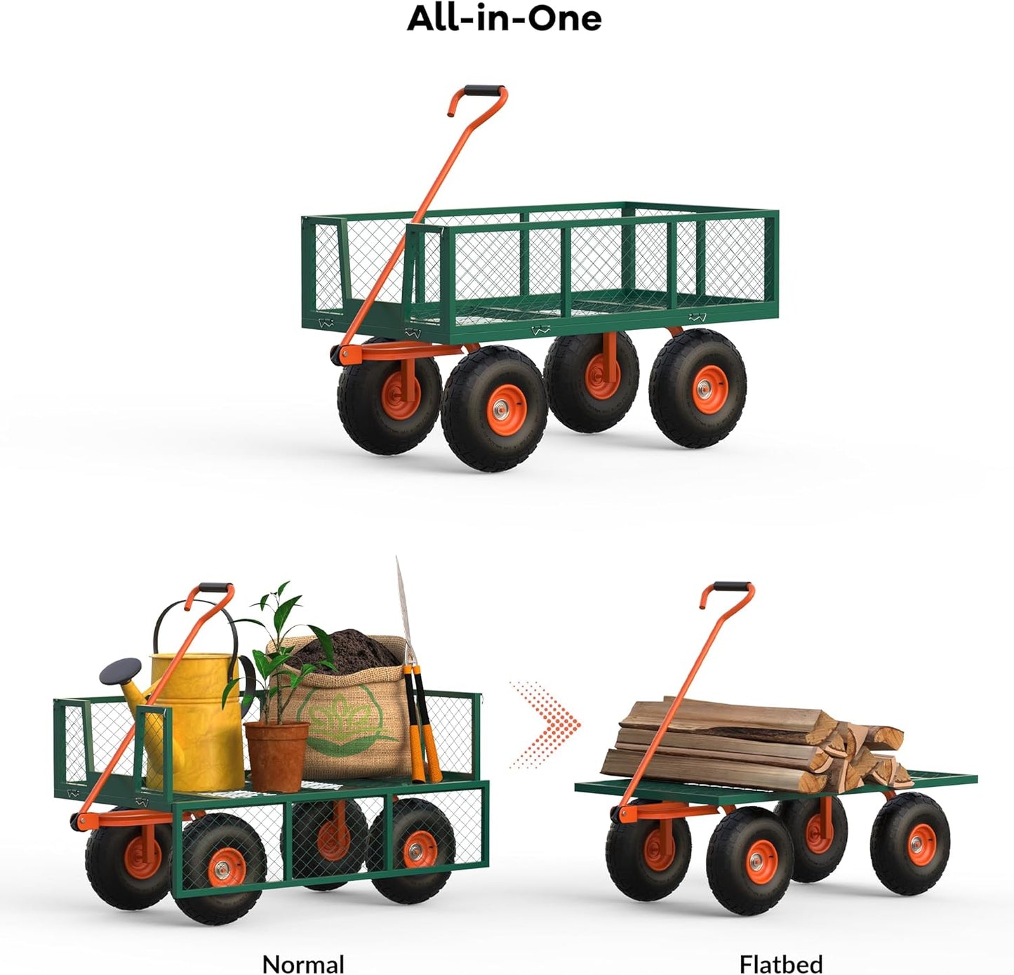 900 LBS Garden Cart Steel, 3 in 1 Heavy-Duty Folding Utility Wagon with Removable Sides, 180° Rotating Handle & 10 inch Tires for Outdoor, Farm, Yard, Lawn and Garden