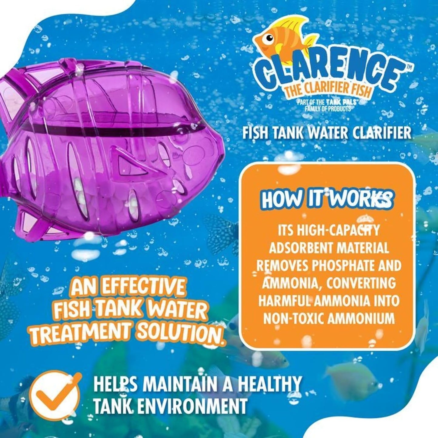 Clarence the Clarifier Fish - 1 pk, Purple - Aquarium Treatment, Clear Cloudy Fresh-Saltwater, Fish-Plant Safe, 10gal Tank Maintenance Each