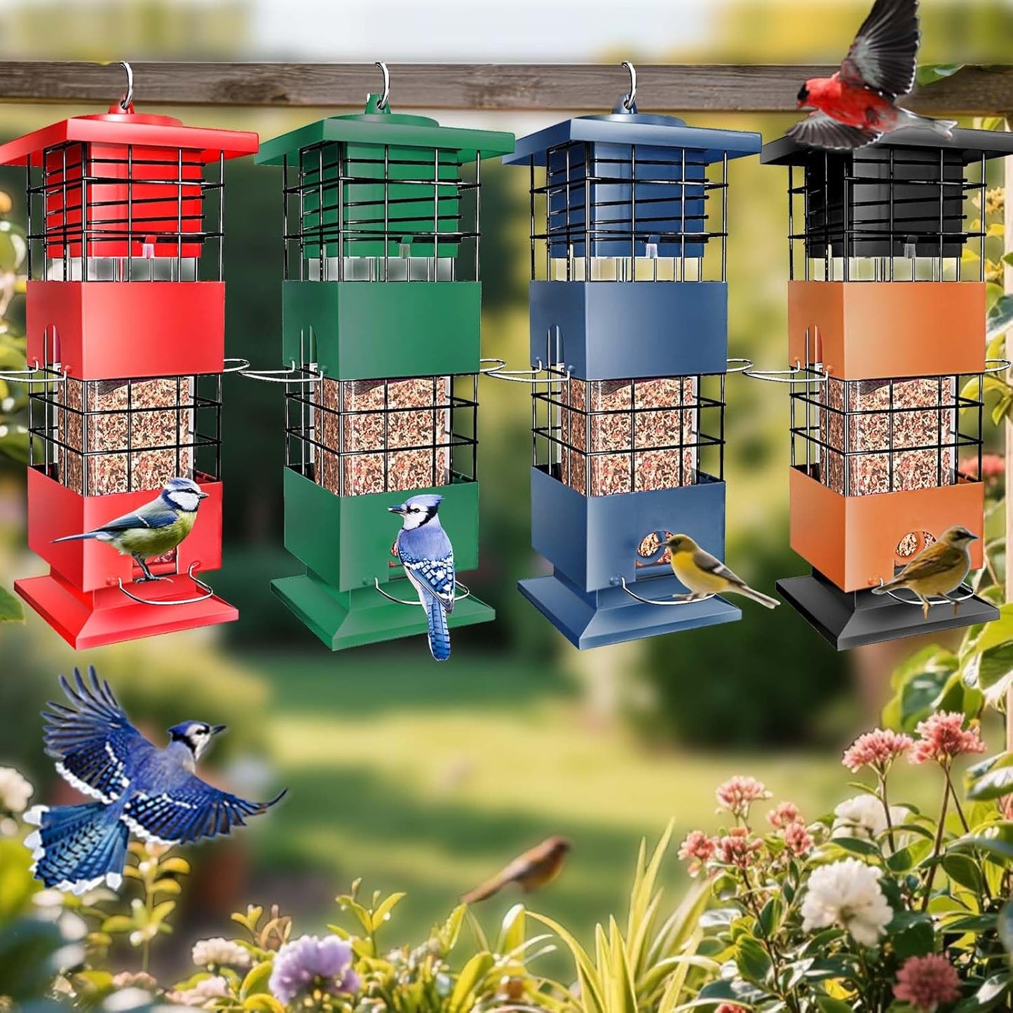 Squirrel Proof Bird Feeder,3Lbs Bird Feeders for Outdoors Hanging, Metal Birds Feeder with 4 Feeding Ports, Wild Birds Feeder for Cardinal, Finch, Sparrow (Red)