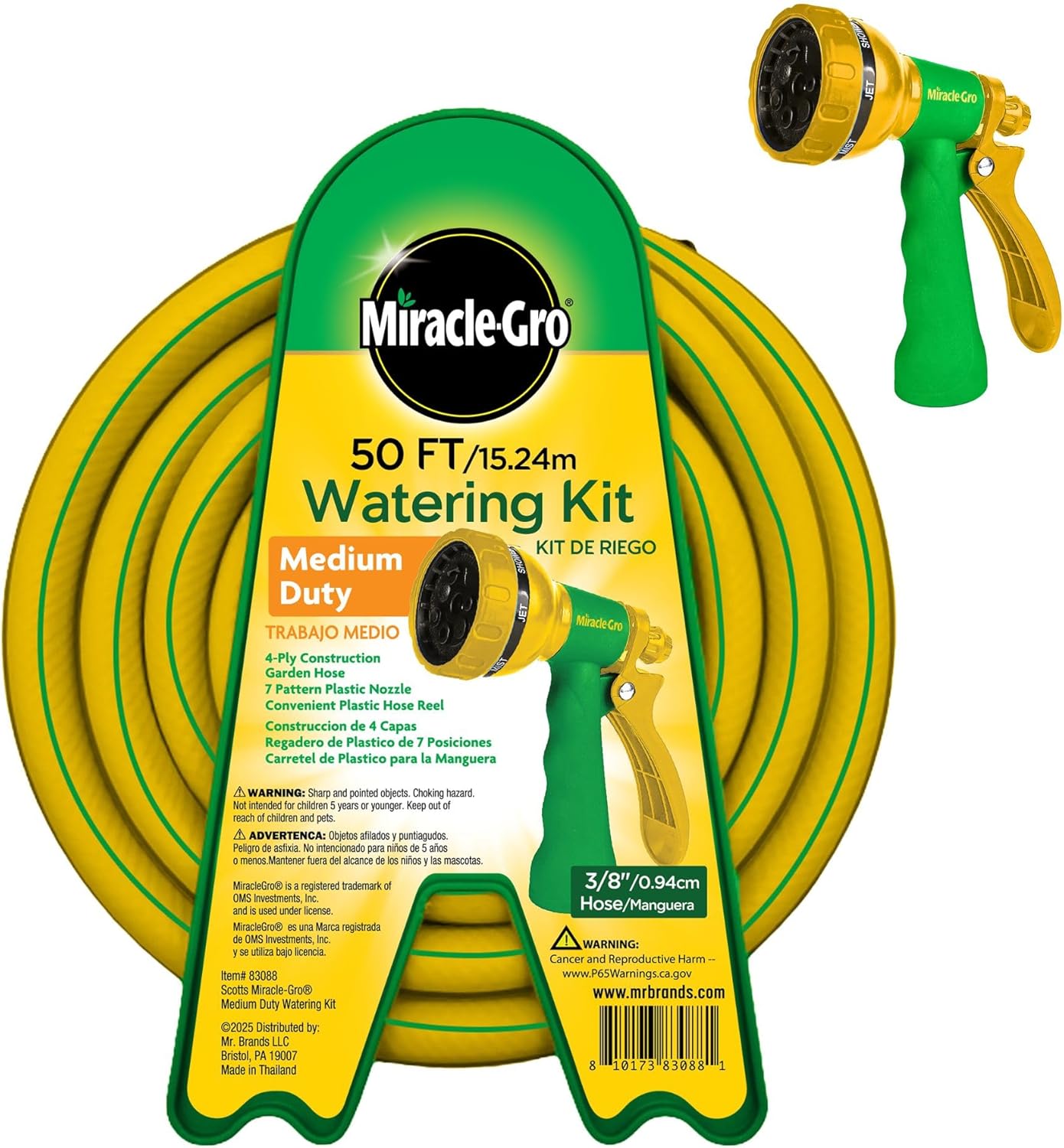 Miracle-Gro 50 ft. Garden Hose Watering Kit – 3/8 in. Watering Hose with Adjustable Nozzle and Included Plastic Hose Reel – Ideal for Patios, Small Outdoor Spaces, Lawn and Garden Use