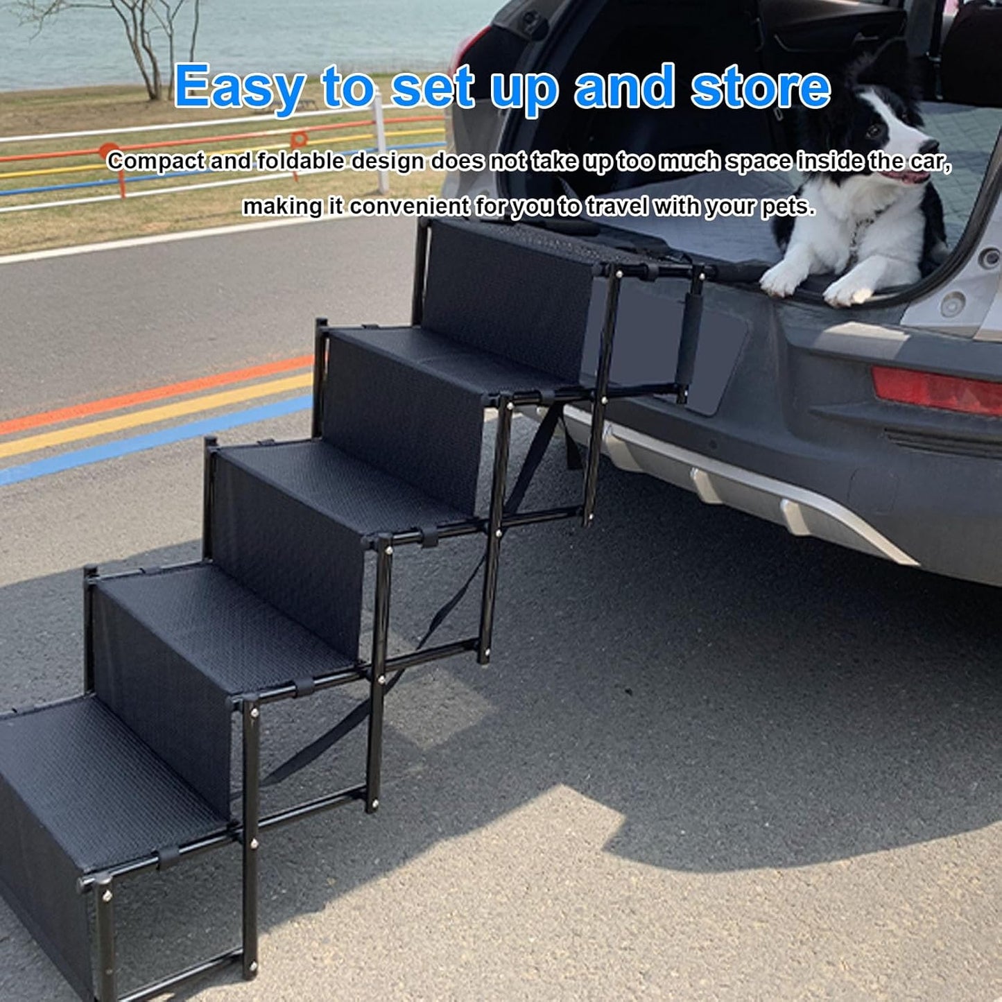 Luqeeg Foldable Dog Ramp, 5 Step Portable Dog Stairs, Non Slip Surface Wide & Gentle Slope Secure Fastening Pet Ladder Ramp with Soft Handles for SUV Truck High Bed Sofas