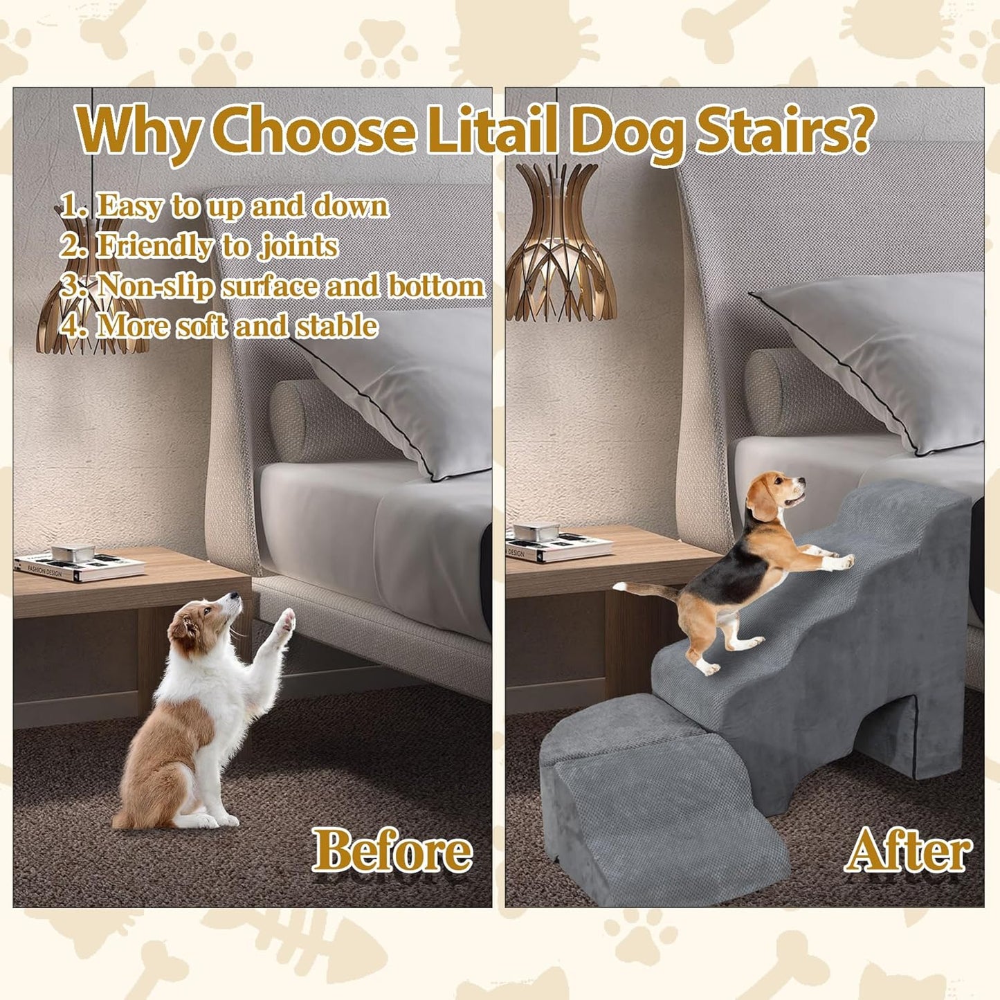 Dog Stairs for Small Dogs - LitaiL Dog Steps for High Bed, Sturdy 30in Stairs for Dogs to Get on Bed, Tall Pet Stairs Ramps with Removable Cover, Foam Pet Ramps for Bedside