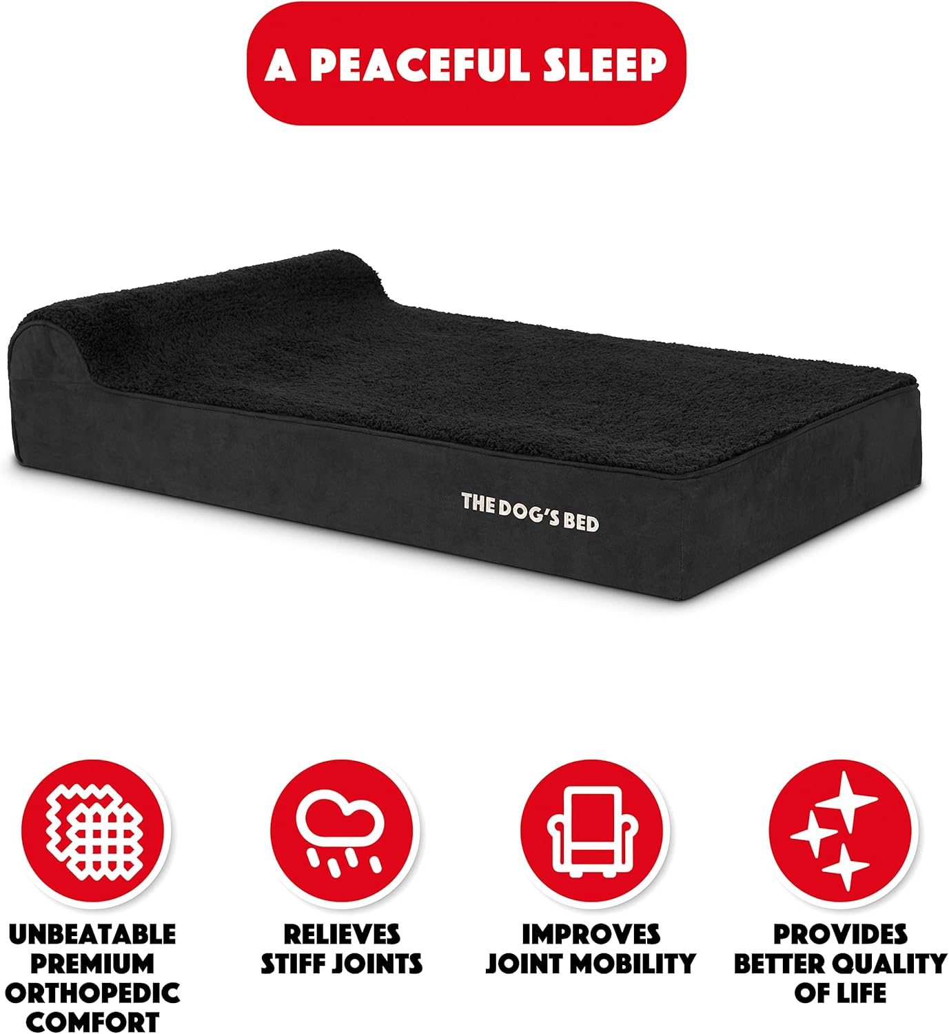 The Dog’s Bed Orthopedic Memory Foam Dog Bed with Headrest, Plush Fabric, Black Plush, XL, 6-Inch