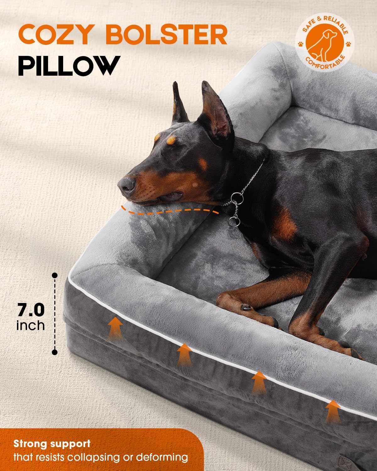 Orthopedic Dog Bed, Four-Sided Cushioned Egg-Shaped Foam Dog Sofa, Waterproof Removable Cover, Pet Sofa Bed with Non-Slip Base, Large Pet Bed,Gray