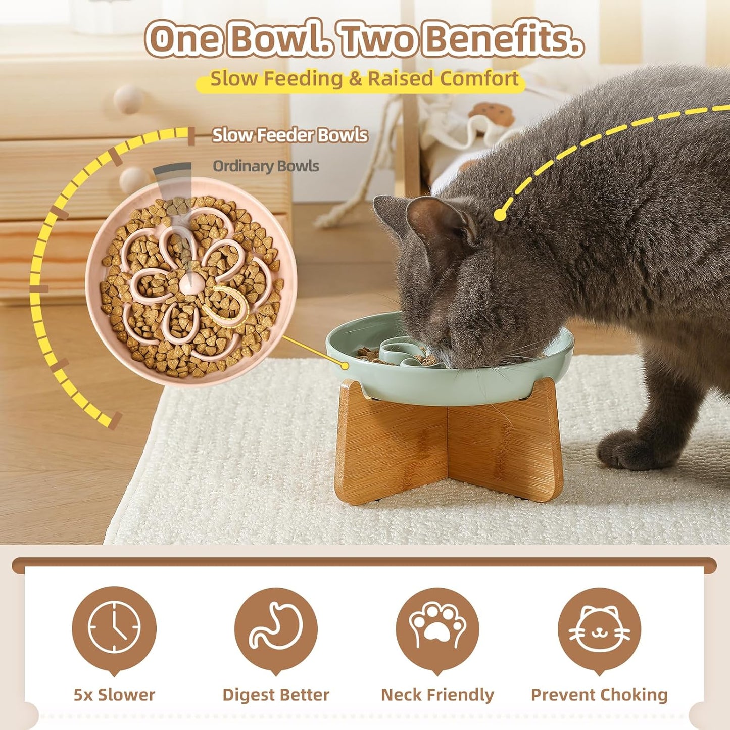 Elevated Slow Feeder Cat Bowl - Melamine Cat Dish with Anti-Slip Bamboo Stand - Whisker Friendly Feeding Bowl - Floral Maze Food Plate for Slow Eating - Pink