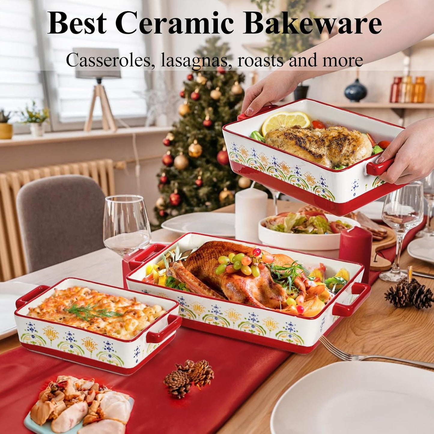 Set of 3 Ceramic Baking Dishes, Rectangular Casserole Dish for Oven, Ceramic Bakeware Lasagna Pan Deep with Handles for Cooking, Baking, Wedding Gift, 3 Sizes (12''/10.7''/7.7''), Red