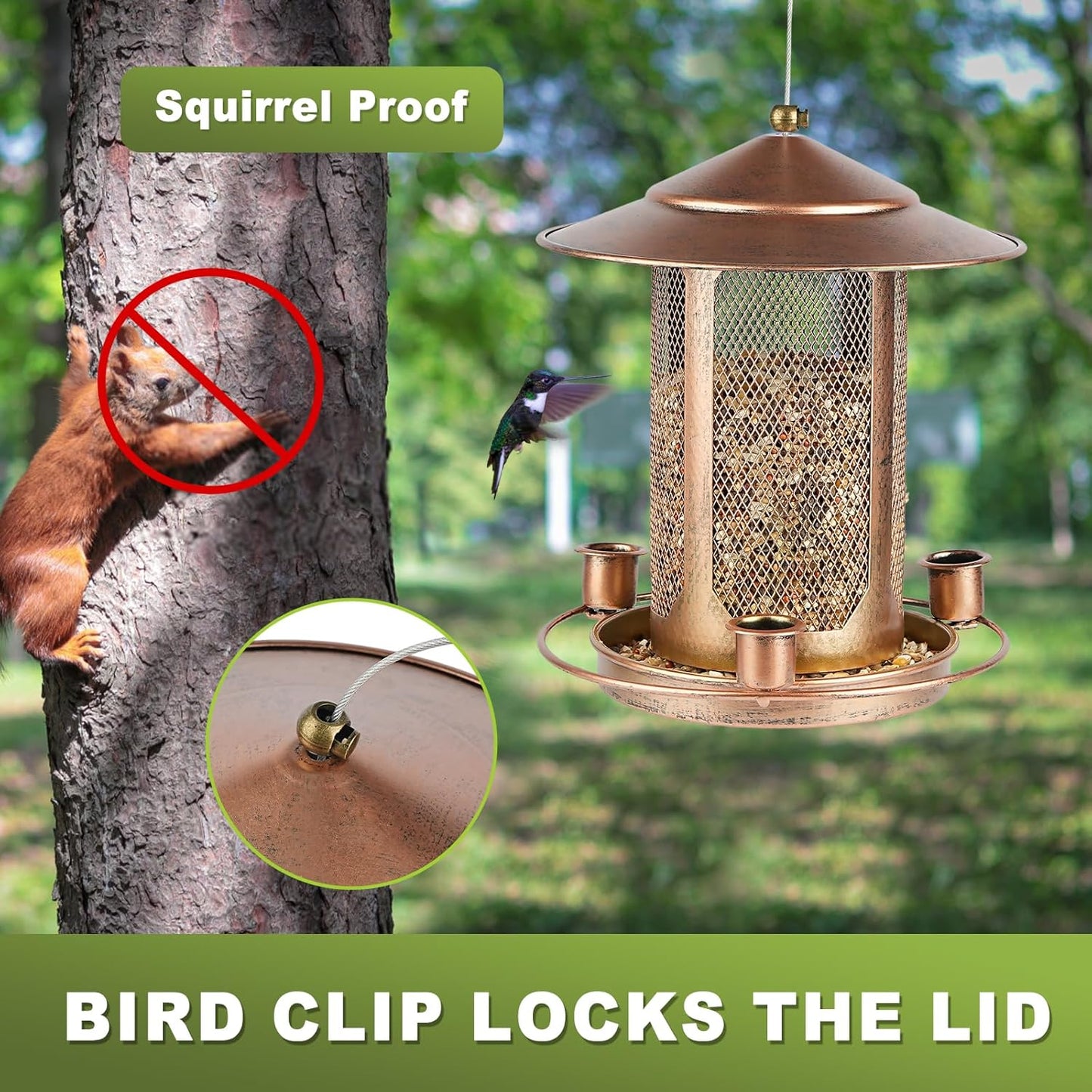Bird Feeder,Heavy Duty Bird Feeders for Outdoors, Metal Squirrel Proof with 3 Extra Feeding Ports,4 LB Large Capacity Wild Birdfeeder for Outside Hanging Garden Yard Backyard
