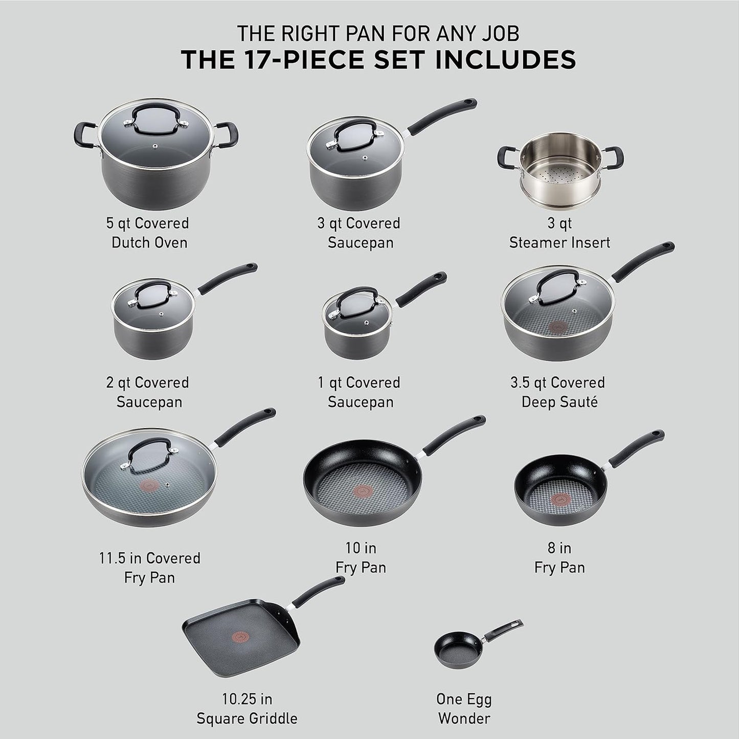 T-Fal Ultimate Hard Anodized Nonstick Pots and Pans Set 17 Piece, Nonstick Cookware Set with Fry Pan, Saucepans, Saute-Pan, Griddle, Dishwasher Safe, Black
