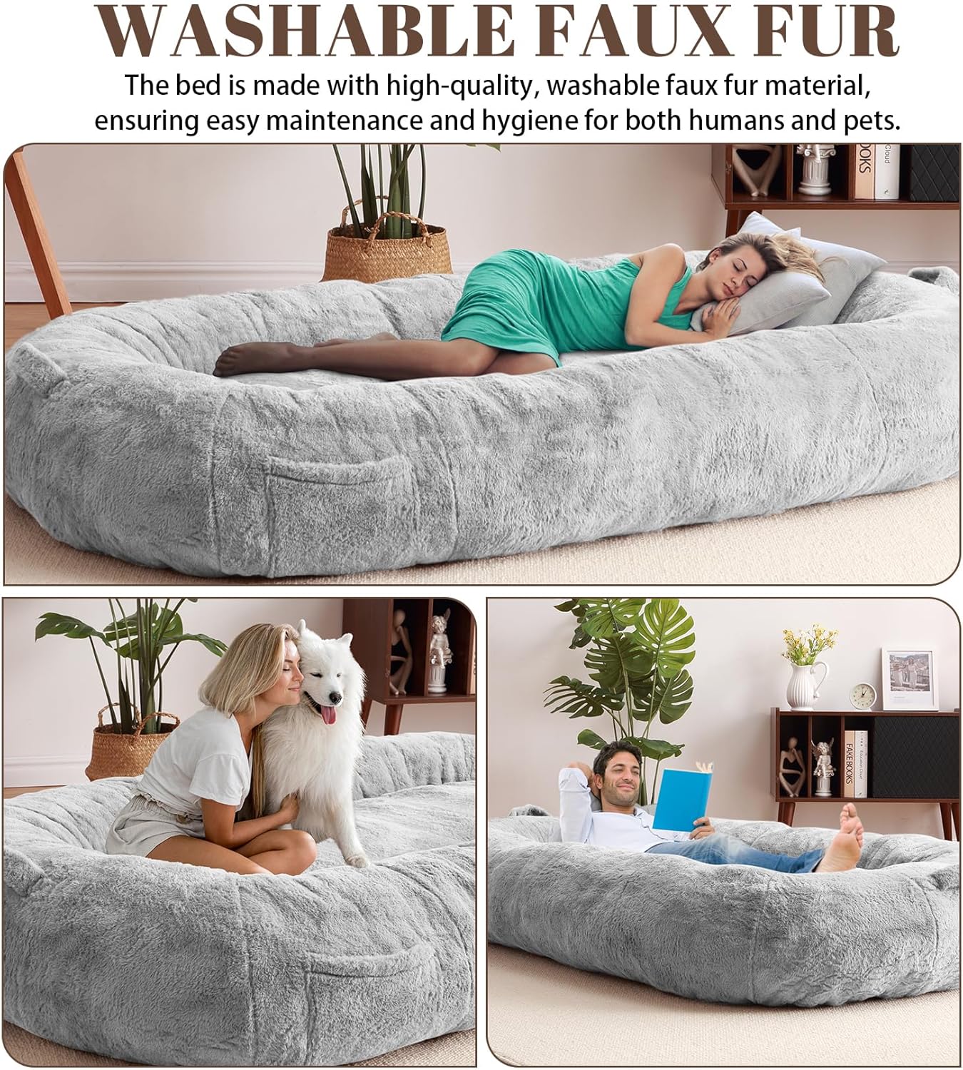 FairOnly Dog Bed for People Adults 71"x48"x14", Bean Bag Bed with Removable Cover, Bean Bag Floor Nap Bed for Adults, Light Grey