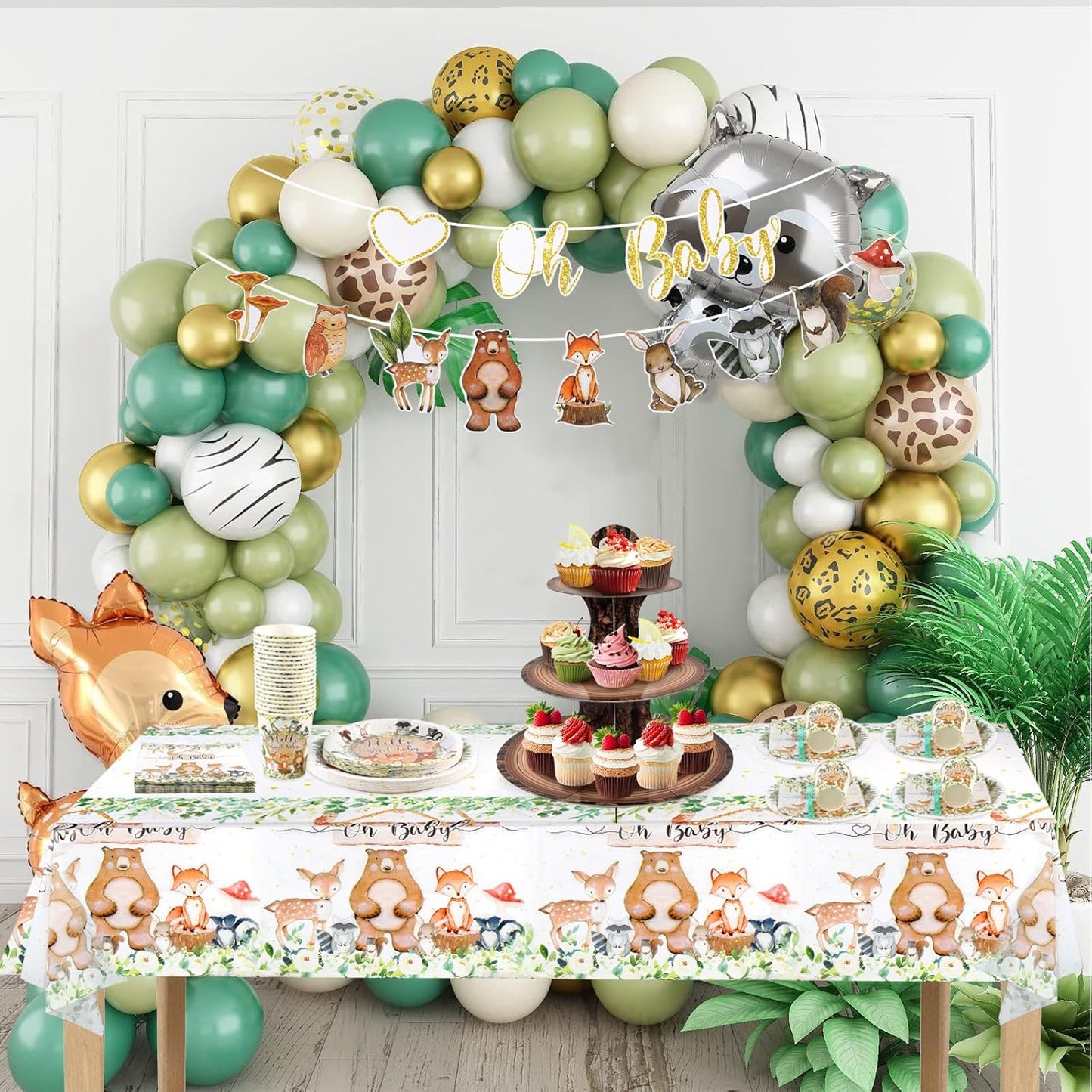 142PCS-Woodland-Baby-Shower-Party-Decorations for Boys Girls,Safari Jungle Wild Animal Tableware Set Serve 20,Party Supplies With Disposable Plates Napkin Cups Forks Knives Spoon Banner Tablecloth