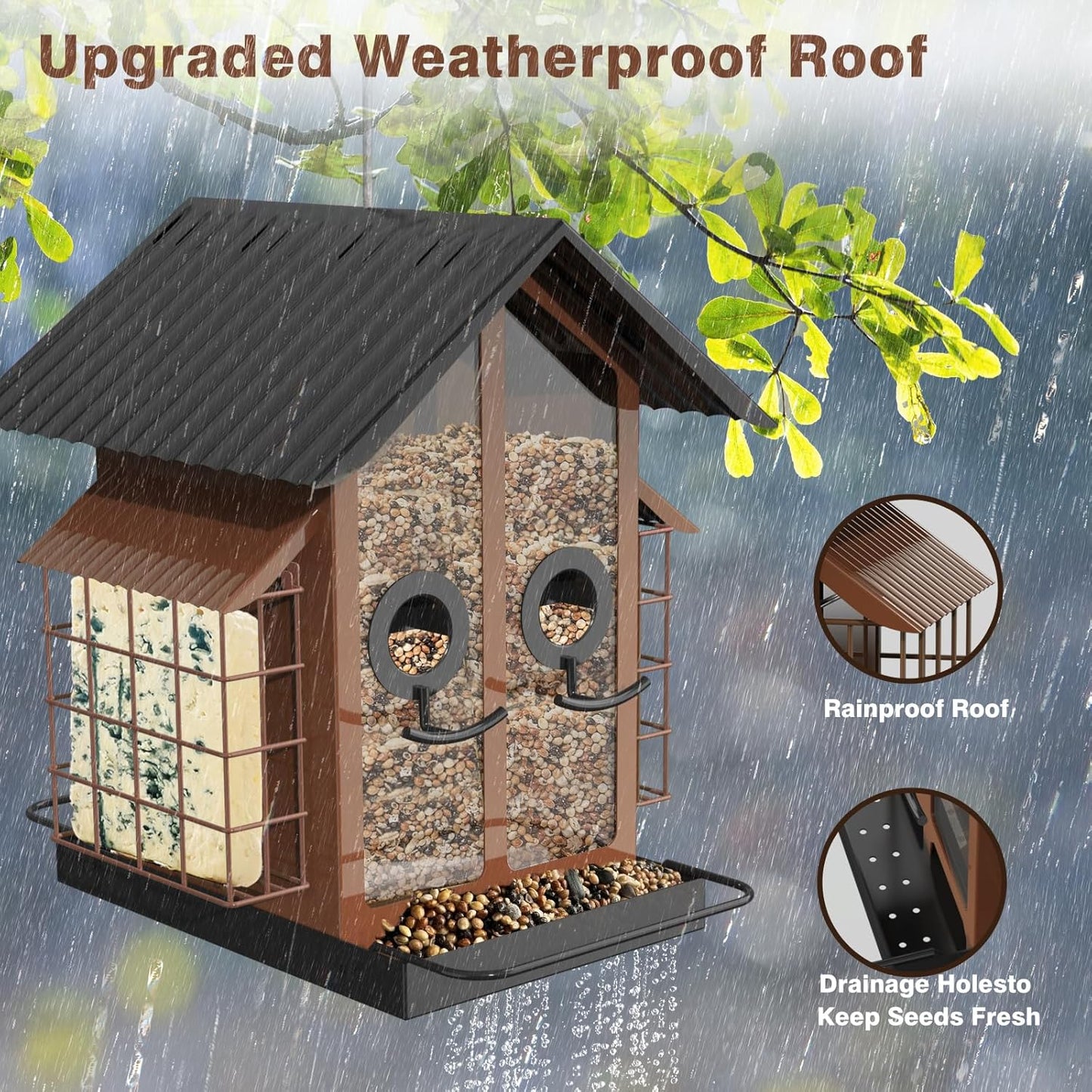 Bird Feeders for Outdoors, Metal Bird Feeder with Double Suet Cage Weatherproof Metal Roof, 2 in 1 Mixed Seeds Suet Feeder, 4Lbs Large Capacity, Great for Finch、Cardinal、Chickadee（Brown）