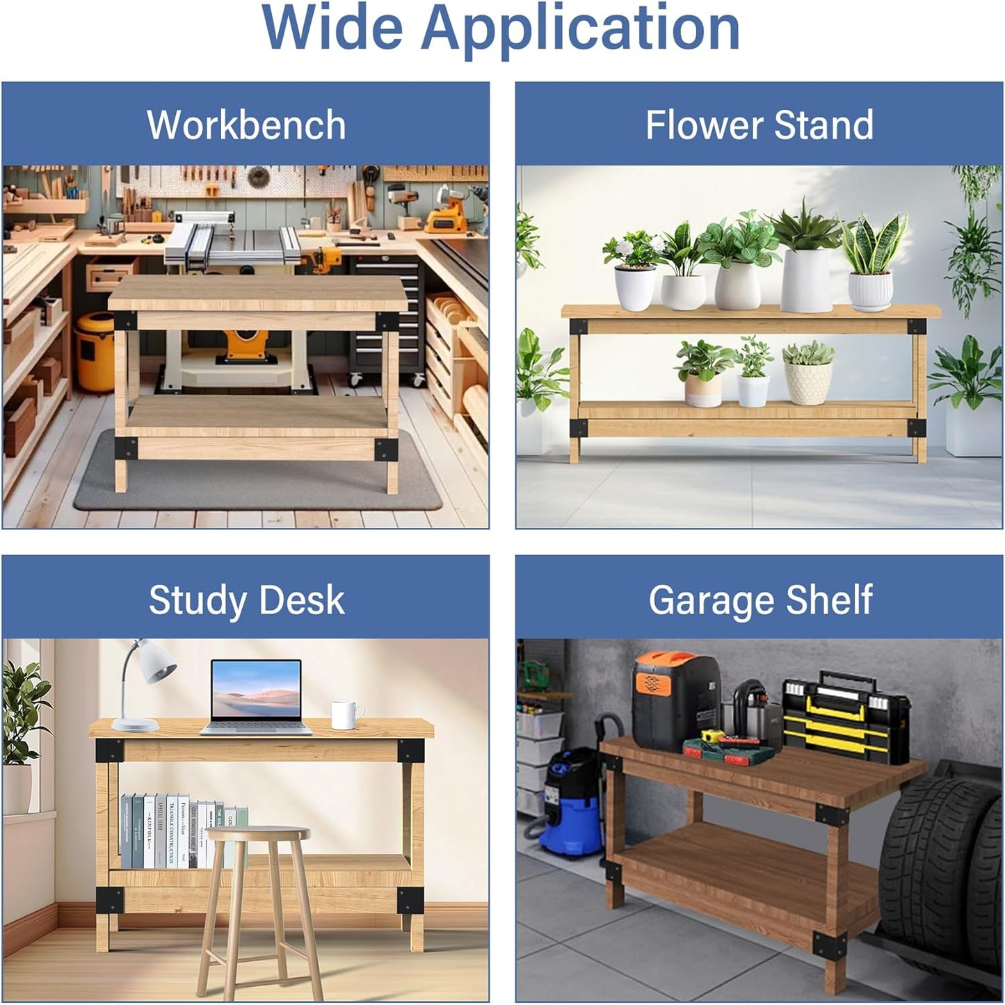 2' x 4' Basics Workbench Kit, 8 PCS Heavy Duty 3-Way Brackets for Garage Workbench Legs Brackets, Metal DIY Work Bench Kit Suitable for Shelving, Work Table, Lumber Not Included