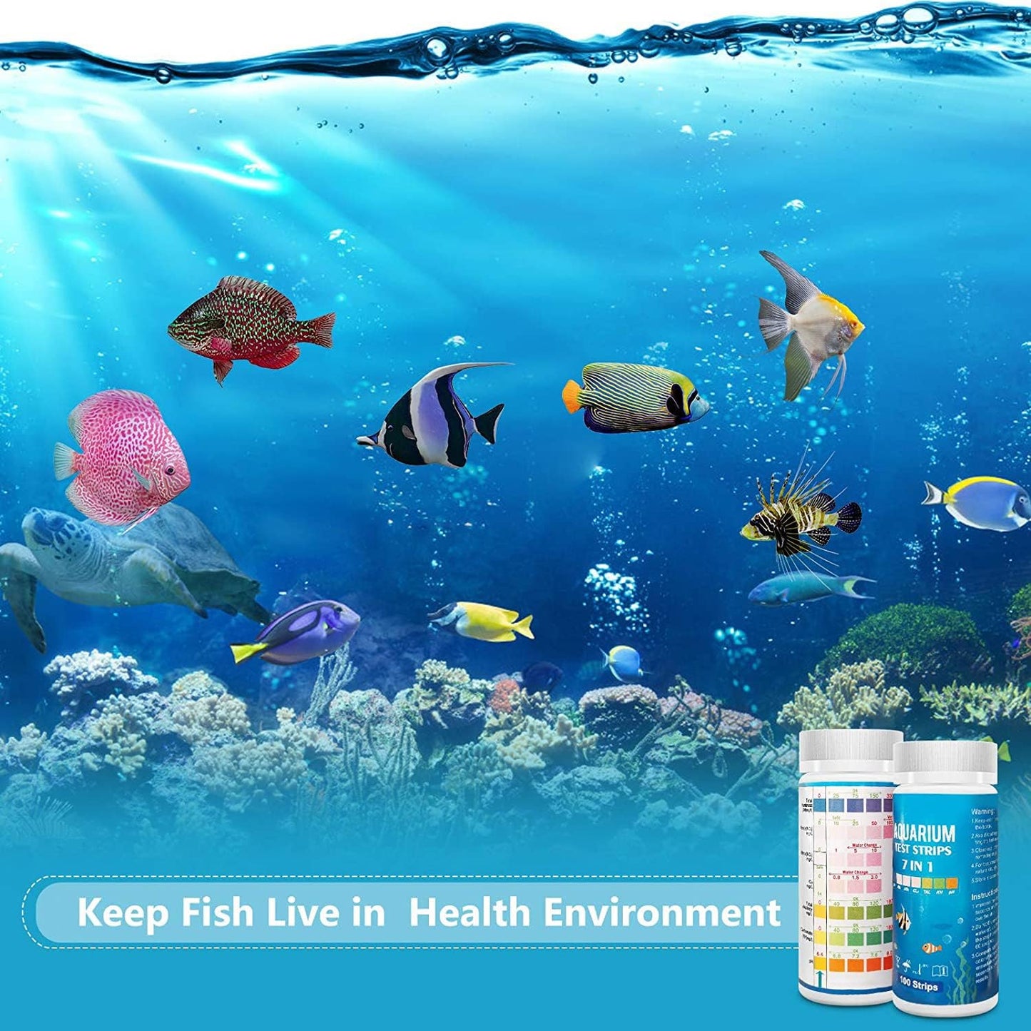 Aquarium Test Strips for Freshwater Fish: 7 in 1 Fish Tank Water Testing Kit for Aquarium Pond - Accurate Testing Nitrate Nitrite Hardness Free Chlorine pH Carbonate Total Alkalinity-100 Strips