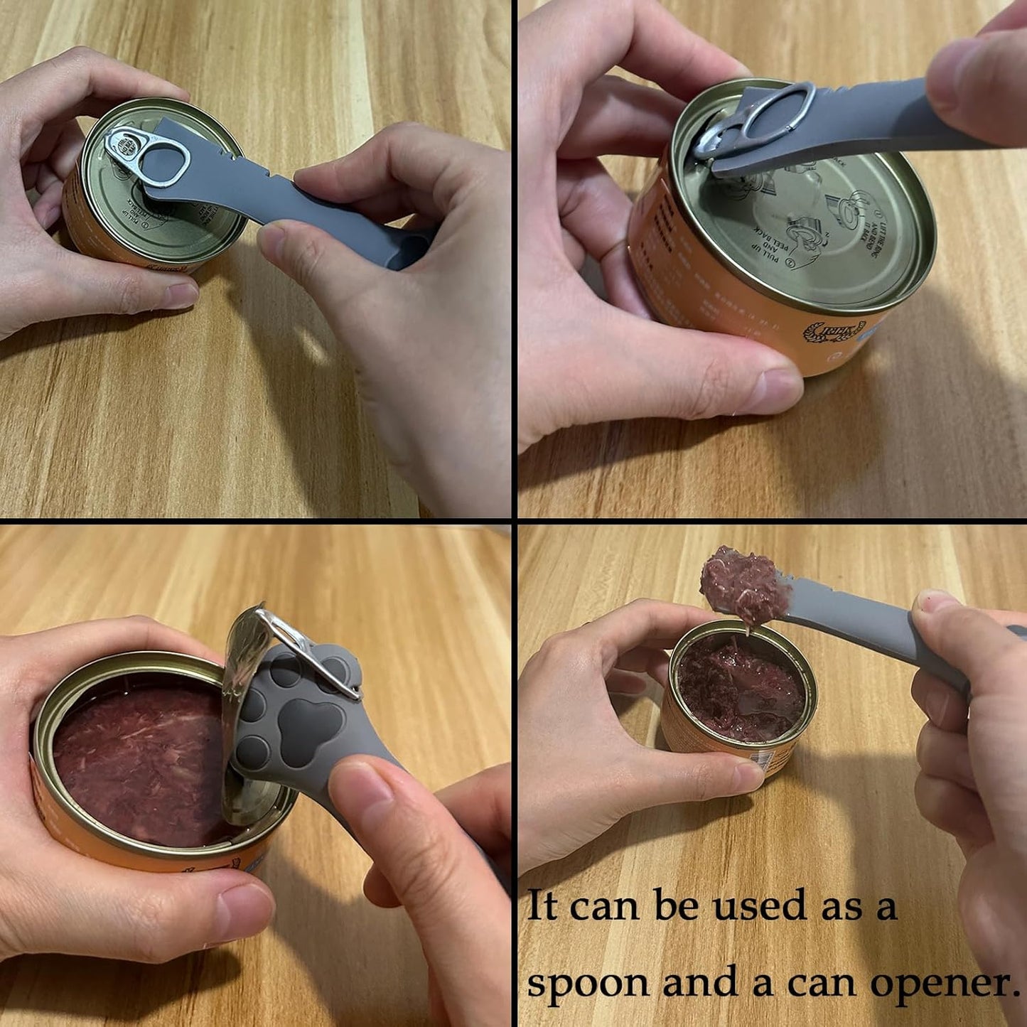 SJANE Cat Food Can Spoons & Can Lids | 4 Pcs | Multi-function Opener | Silicone Pet Food Covers | Stainless Steel Wet Food Spoon for Cats and Dogs(Grey)