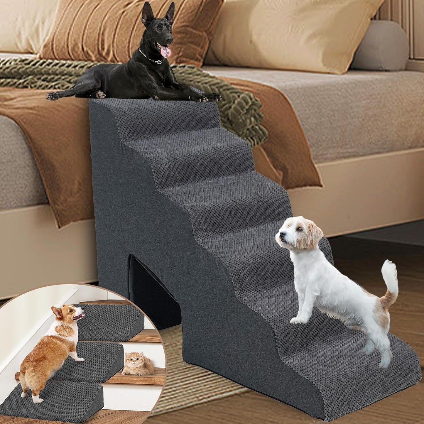 Dog Stairs for High Bed, 30 Inch Height 6 Steps Soft Foam Spliced Dog Steps for Bed, Non-Slip Sturdy Pet Stairs with 3 Pack Ramps for Staircase, Ramp for Small, Older Dogs - Grey