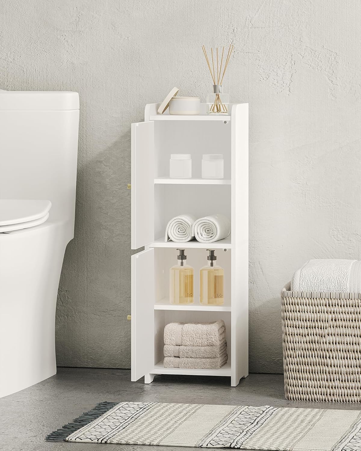 Bathroom Storage Cabinet, Small Corner Floor Cabinet with 2 Doors and Adjustable Shelf, Narrow Toilet Paper Cabinets, Bathroom Organizer for Small Spaces, 7.9" D x 9.8" W x 29.5" H White