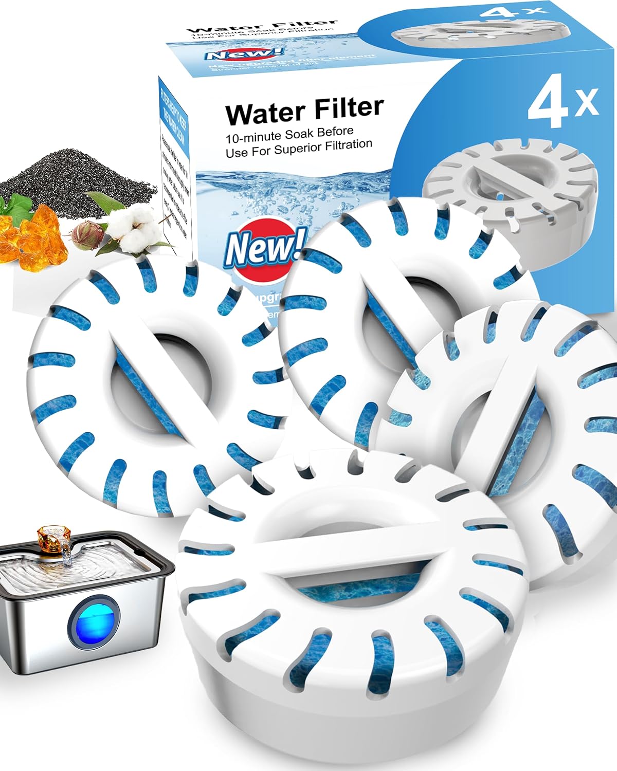 Dog Water Fountain Filters Replacement 4 Packs, 2 Months Set of Replacement Filters for Large 3 Gal Automatic Pet Water Fountain, Compatible with JANARARY Dog Fountain