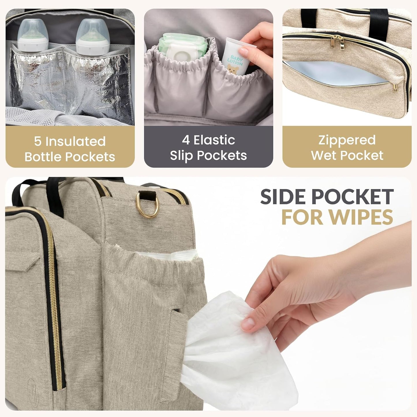 Mellories 4 in 1 Convertible Diaper Bag Tote for Baby Boys and Girls - Converts into Diaper Backpack, Baby Tote, Stroller and Crossbody Diaper Bag - Beige Baby Travel Bag - Gift for Mom