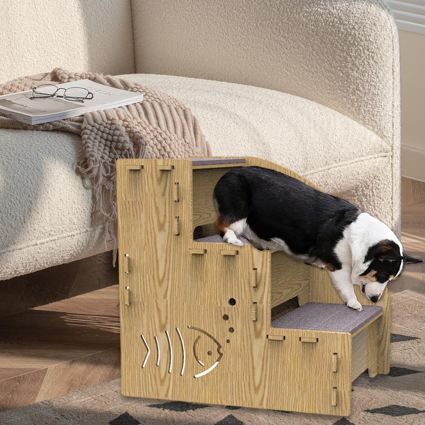 High Beds Dog Stairs - 3-Step Wooden Pet Stair Ramp, 18x12x12 inches Non-Slip Indoor Ramp for Dogs & Cats, Wood + Anti-Skid, Small Dog Staircase for Beds, Sofas, Couch