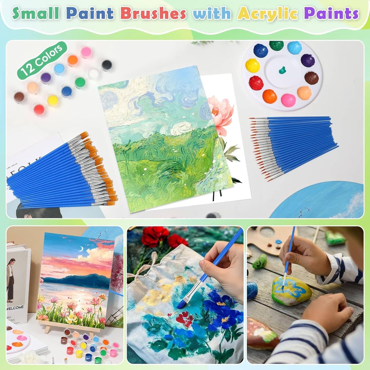 10Pack 8x10 Inch Canvas and Easel Set, Art Canvas Bulk with Easel Stands, 12 Colors Mini Acrylic Paint Set, Small Paint Brushes, Paint Trays, Sip and Paint Kit for Adults Couples Paint Party Supplies