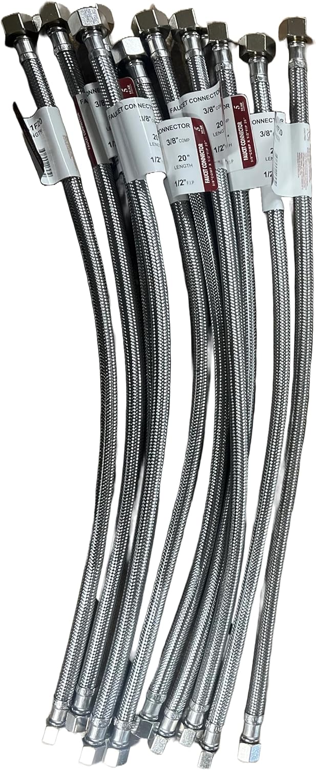 EZ-Fluid (10) 20" Water Supply Line,1/2" Fip x 3/8" Comp LF,Brass Nuts,Universal Stainless Steel Braided Faucet Water Supply Line Connector,Water Supply Hose Connector Lines For Kitchen,Bathroom