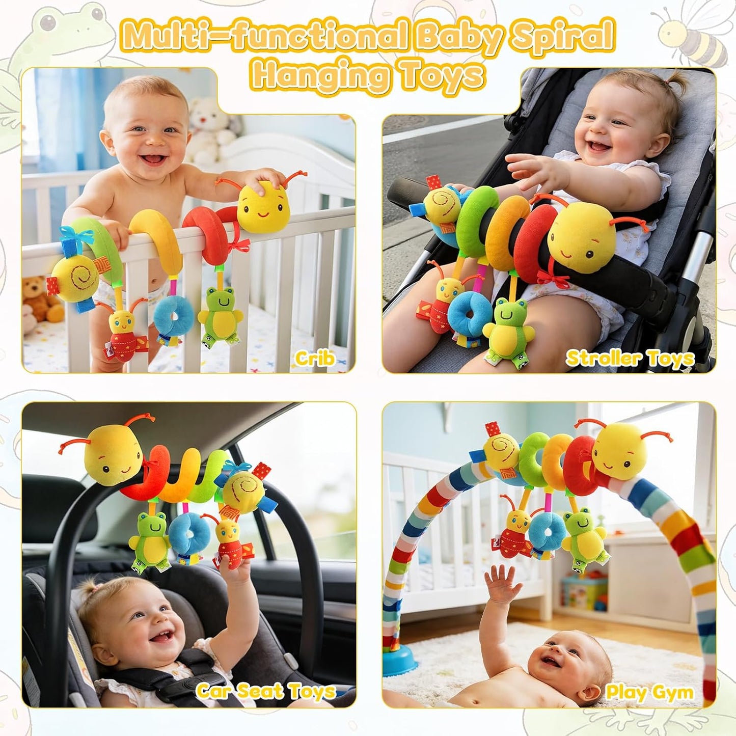 FPVERA Baby Crib Hanging Rattles Toys - Infant Baby Car Seat Around Rattle Toys Cartoon Insect Spiral Hanging Toy with Ringing Bell for Infants Bed Stroller Car Seat Bar for Babies Boys and Girls