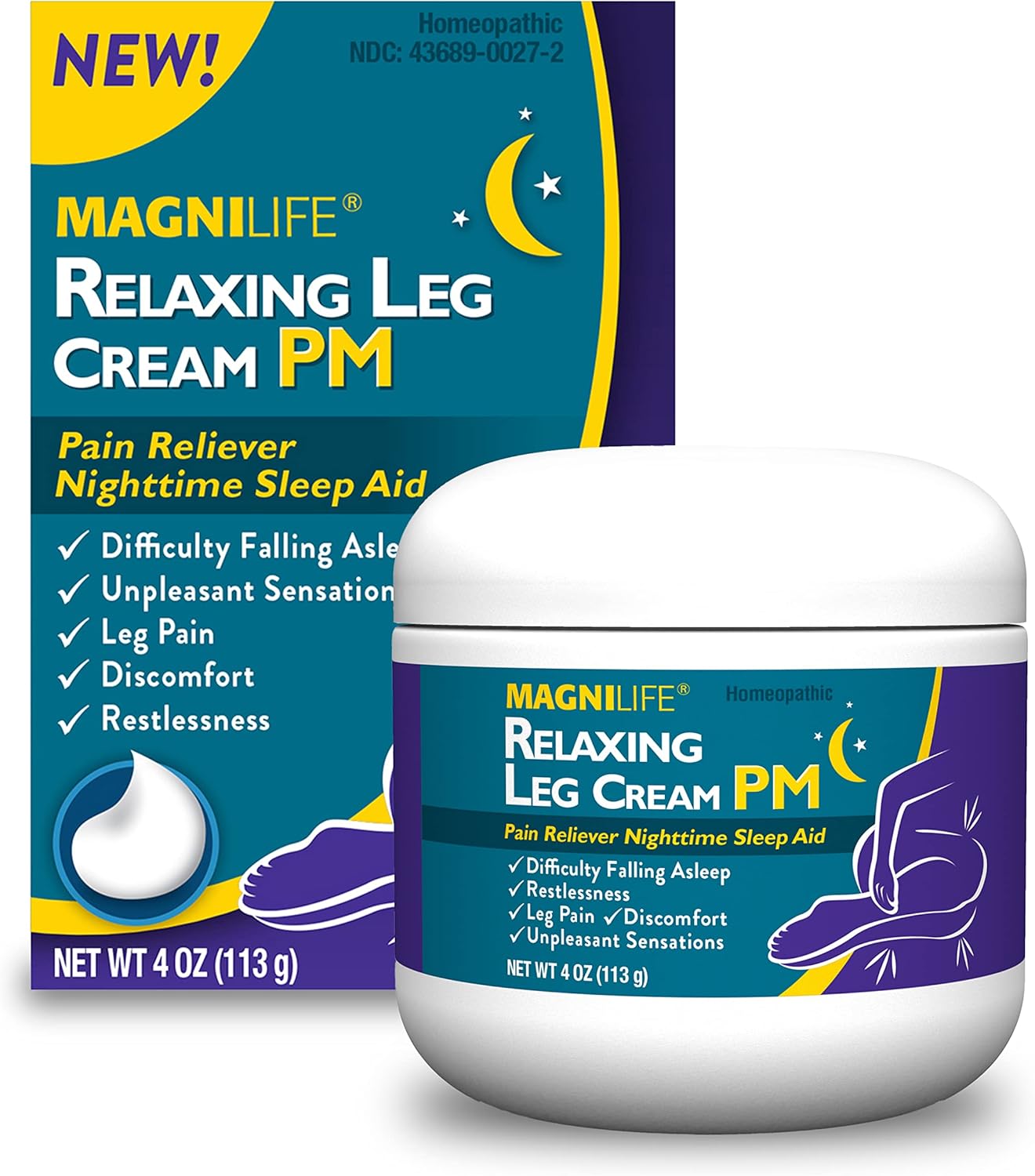 MagniLife Relaxing Leg Cream PM, 4 Oz, Homeopathic Nighttime Pain Reliever & Sleep Aid with Lavender & Magnesium, Non-Greasy Deep Penetrating Cream for Restless Legs & Discomfort