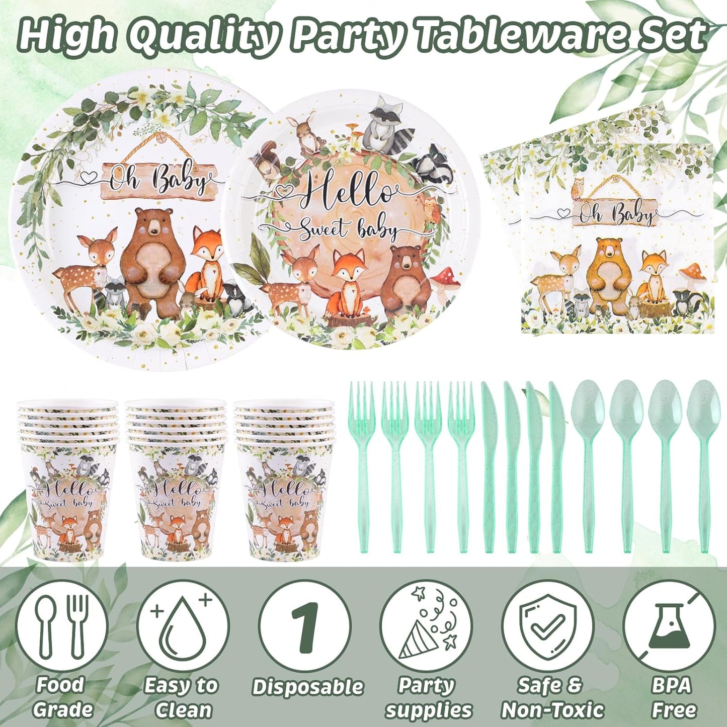 142PCS-Woodland-Baby-Shower-Party-Decorations for Boys Girls,Safari Jungle Wild Animal Tableware Set Serve 20,Party Supplies With Disposable Plates Napkin Cups Forks Knives Spoon Banner Tablecloth