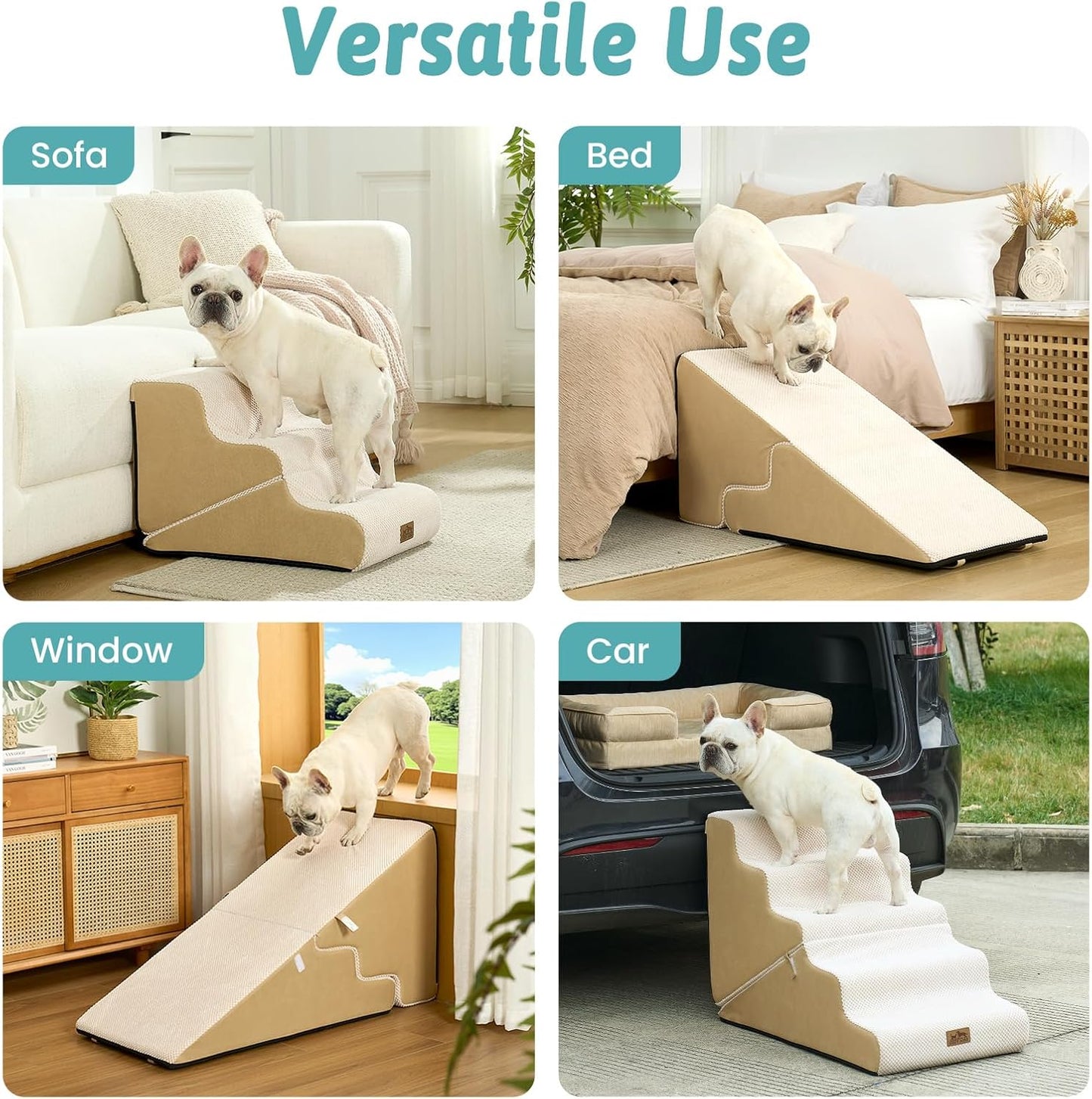 Dog Stairs for Small Dogs, 3-Step 2 in 1 Transformable Pet Stairs for Couch and Bed, 15.7" H Dog Steps for Old Cats, Puppy, Small Dogs (Beige, 15.7x22.4x15.7 in, 3.0)