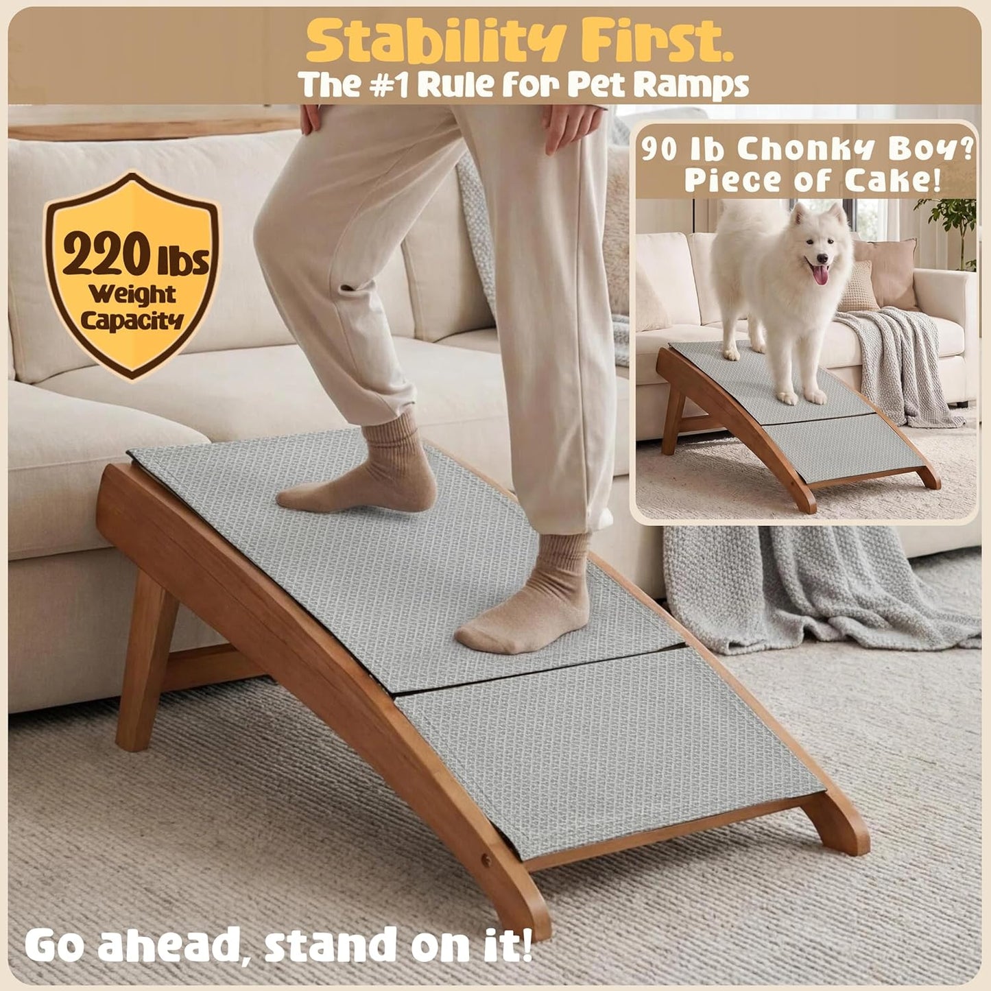 Dog Stairs for Couch 15.6" H, 23.6" W Saddle Leather Accent Chair Dog Ramp with Anti‑Slip Silicone Mat, 25° Angle 2 in 1 Transformable Wooden Pet Steps for living room for Small to Large Dogs(Natural)