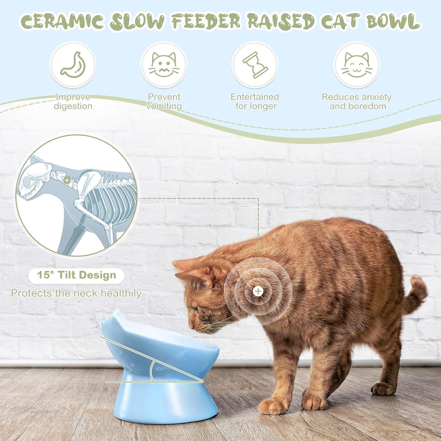 2 Pcs Ceramic Raised Slow Feeder Cat Bowl, 5.91inch Elevated Cat Slow Feeder Bowl Tilted Anti Vomiting for Dry Wet Food and Water Easy to Clean High Edge(Green, Blue)