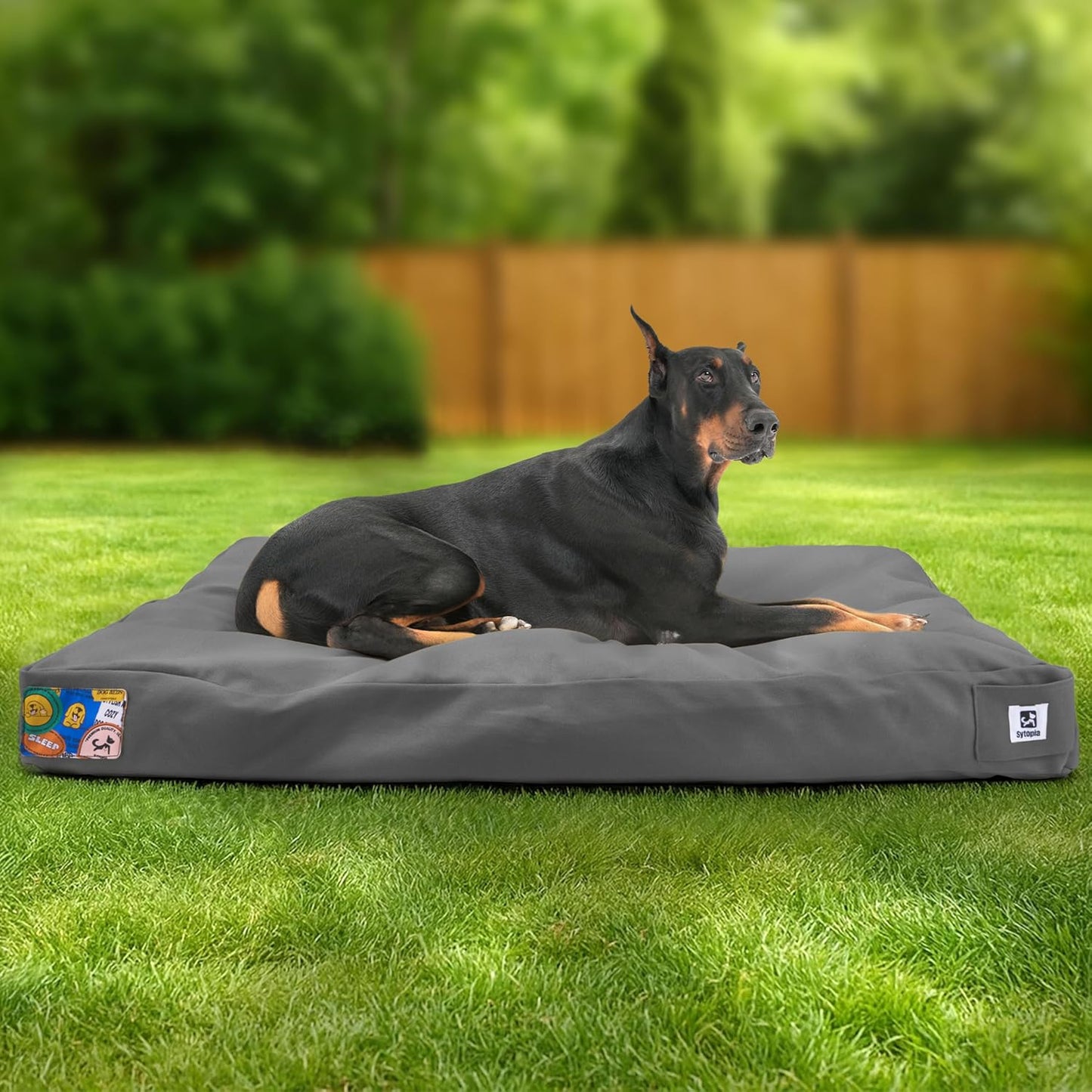 Sytopia 42 Inch Waterproof Indestructible Canvas Outdoor Dog Bed for Extra Large Dogs, Chew Proof Dog Crate Bed with Washable Removable Cover, Indoor Outdoor Patio Pet Pad, Dark Grey