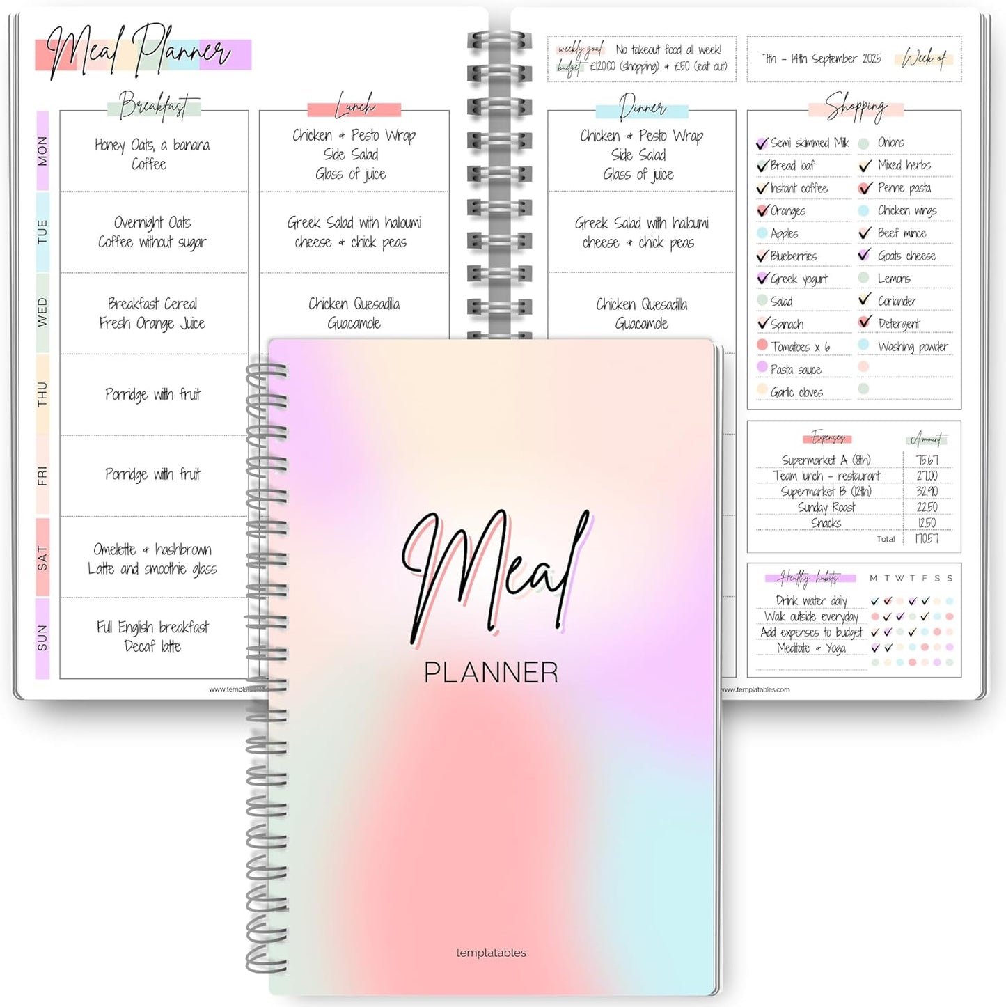 Meal Plan | Weekly Meal Planner & Food Diary, Food Journal for Tracking Meals & Shopping, Grocery List, Meal Prep Planner, A5 Rainbow