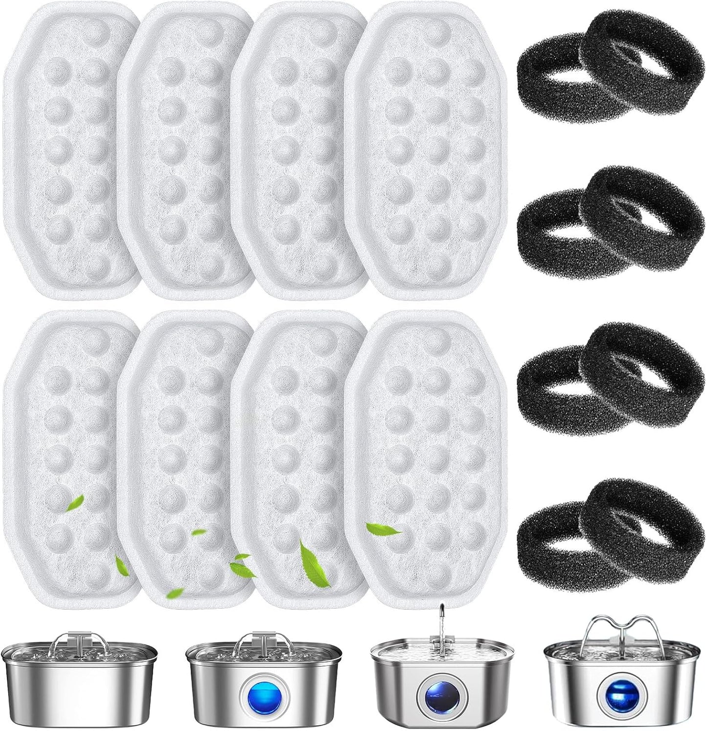 16 Pcs Cat Water Fountain Filters Replacement & Pre-Filter Sponges for 108oz/3.2 Stainless Steel Pet Water Fountain with Water Level Window