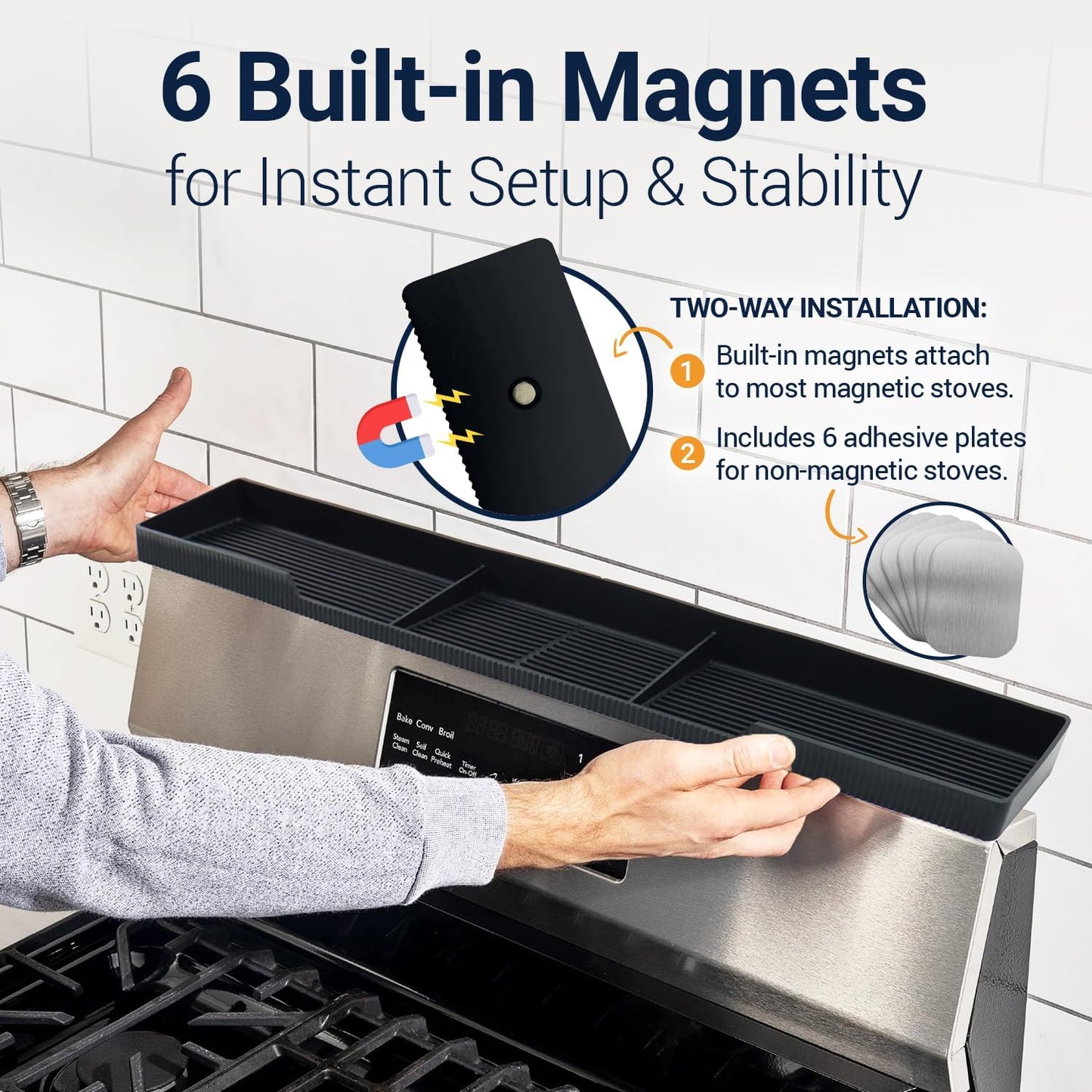 Silicone Magnetic Over the Stove Shelf for Back of Stove - Magnetic Stove Top Shelf and Over Stove Shelf, Over Oven Shelf for Top of Stove, Over the Stove Spice Rack, Includes 6 Extra Plates (Black)