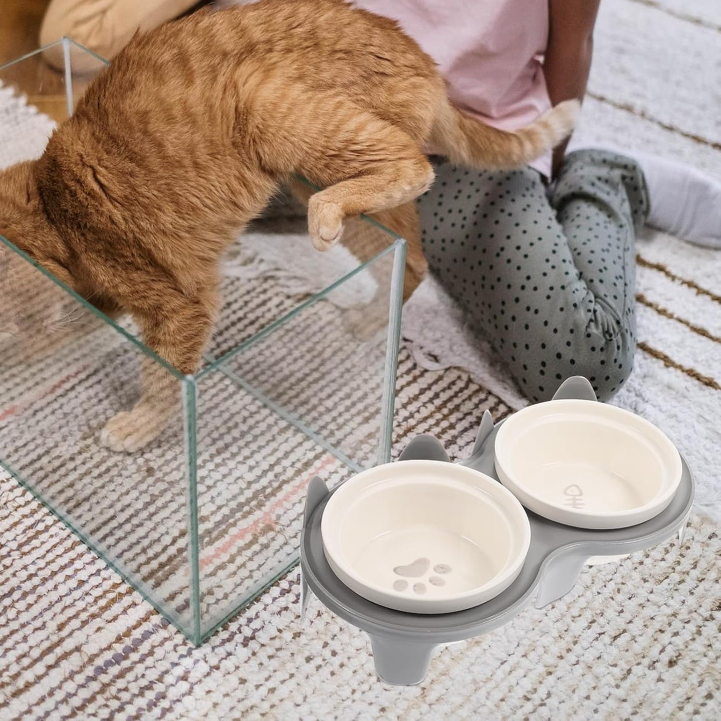 Milisten Ceramic Cat Bowl Double Bowls Elevated Feeding Station Gray Thickened Non-Slip Pet Food and Water Dish with Sturdy Stand for Cats