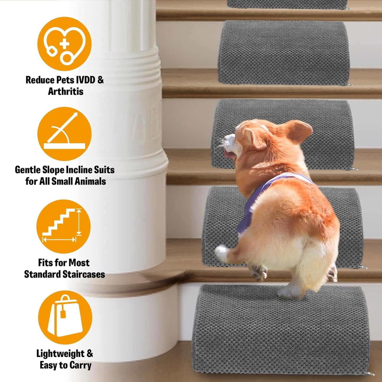 40D Dog Ramp for Stairs for Small & Senior Dogs and Cats – Non-Slip Stair Ramp for Dogs with Gentle Slope, Pet Ramp with Washable Cover & Self-Sticky Pads for Safe Climbing Easy Install(Grey, 5 Pack)