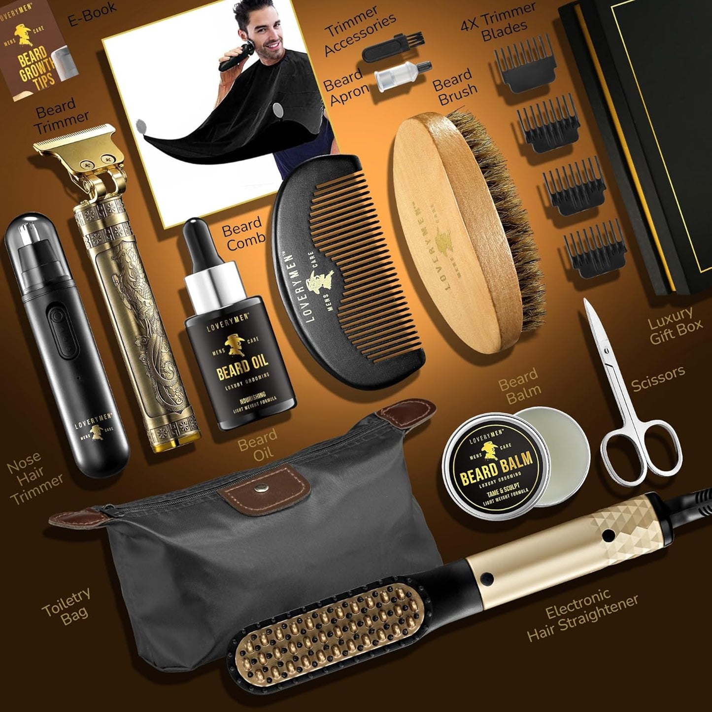 Gifts for Men Who Have Everything, Birthday Gifts for Him, Grooming Beard Kit, Beard Trimmer, Nose Hair Trimmer, Hair Straightener Brush, Oil, Balm & More, 15pc Men Care Kit, Dad Gifts