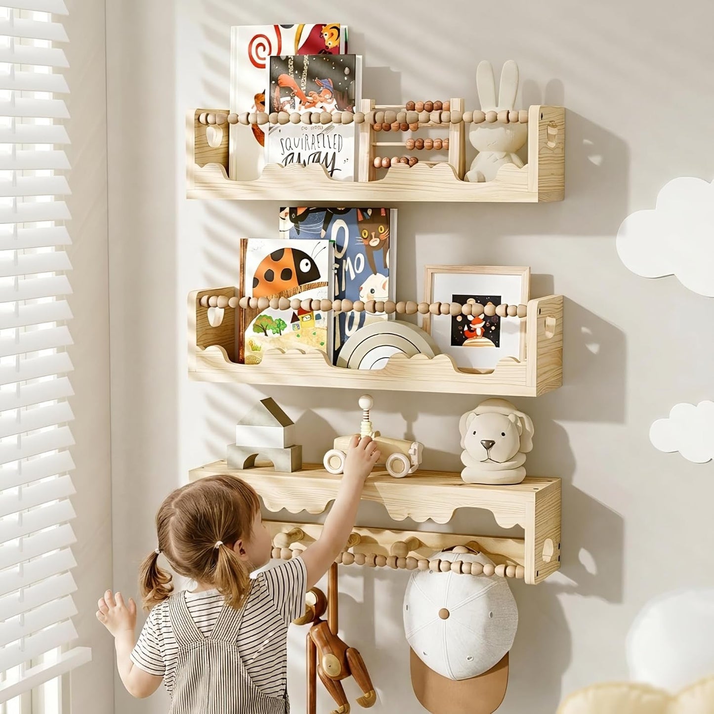 Nursery Shelves for Wall,3 Pack Pine Wood Nursery Floating Book Shelves,Scalloped Floating Shelves for Living Room and Bedroom Wall Decor