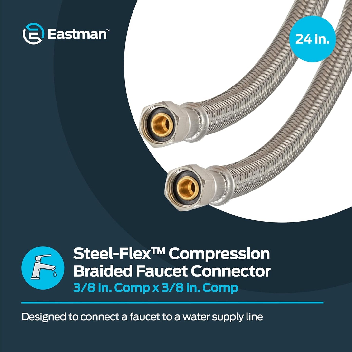 Eastman 24 Inch Flexible Faucet Connector Supply Line, 3/8 Inch x 3/8 Inch Compression Connection, Stainless Steel Braided Hose, 48076