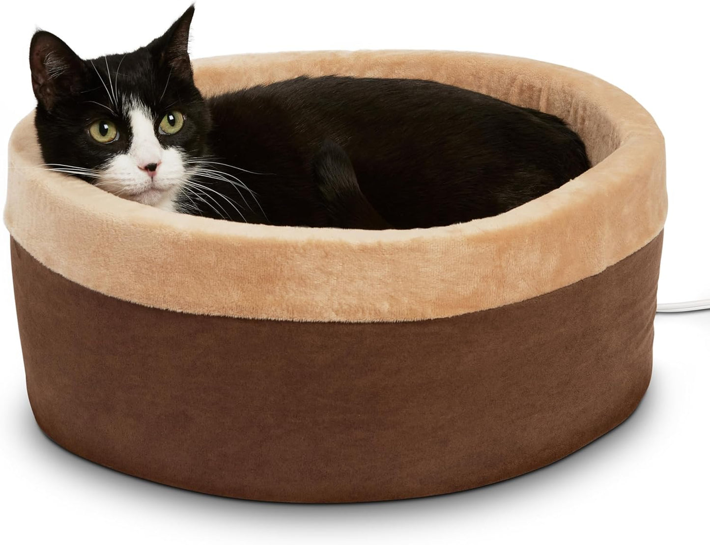 K&H Pet Products Thermo-Kitty 실내 고양이 및 개를 위한 온열 고양이 침대, 진정 보온 베개 반려동물 침대, 세탁기 사용 가능, 탈착식 히터, 안전 등록 - 스몰 40.6cm(16인치) 원형 모카/탠